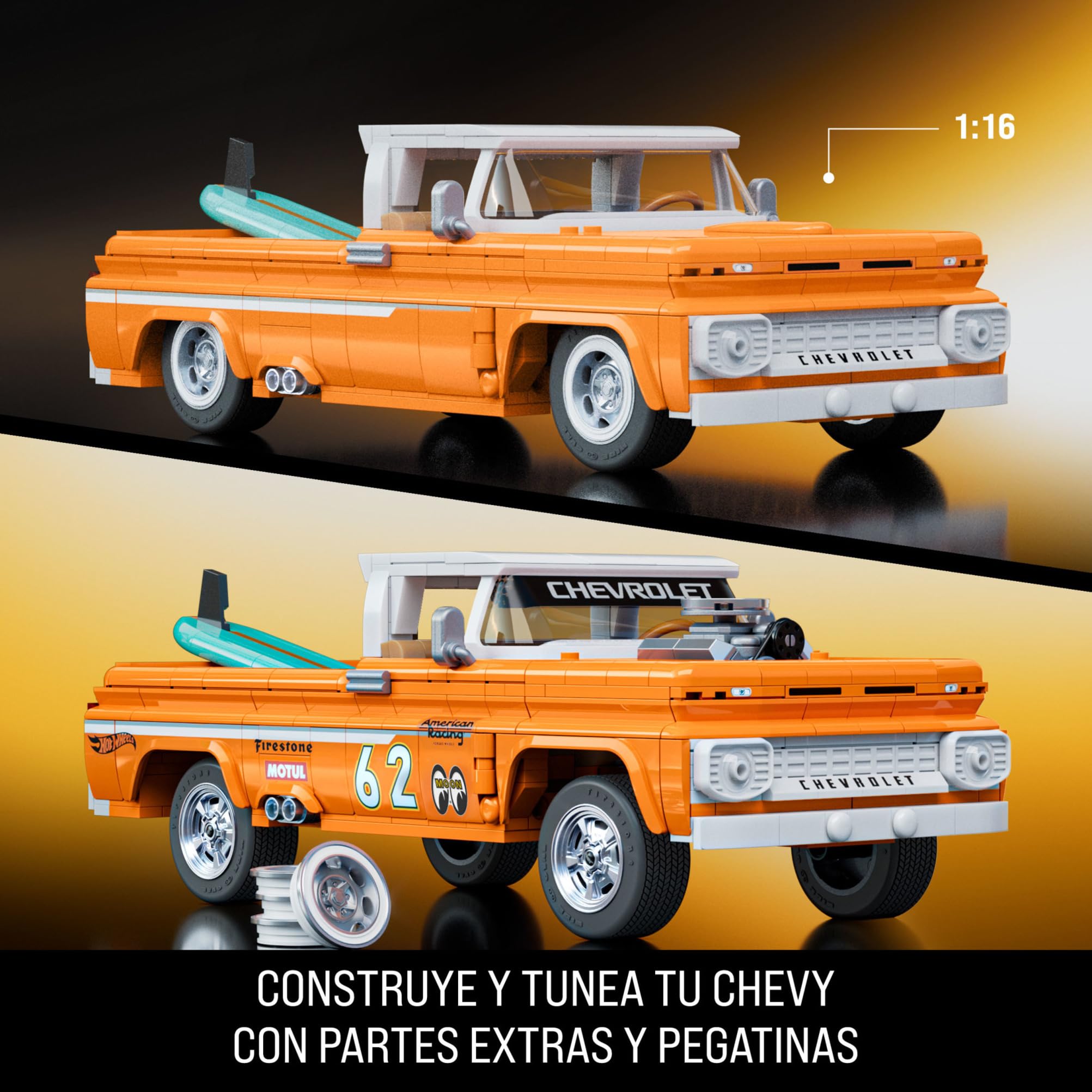 Mattel Brick Shop Hot Wheels Camioneta Custom '62 Chevy con 858 piezas, detalles realistas y pegatinas para personalizarlo, para adultos coleccionistas y niños y niñas a partir de 10 años, JFT20
