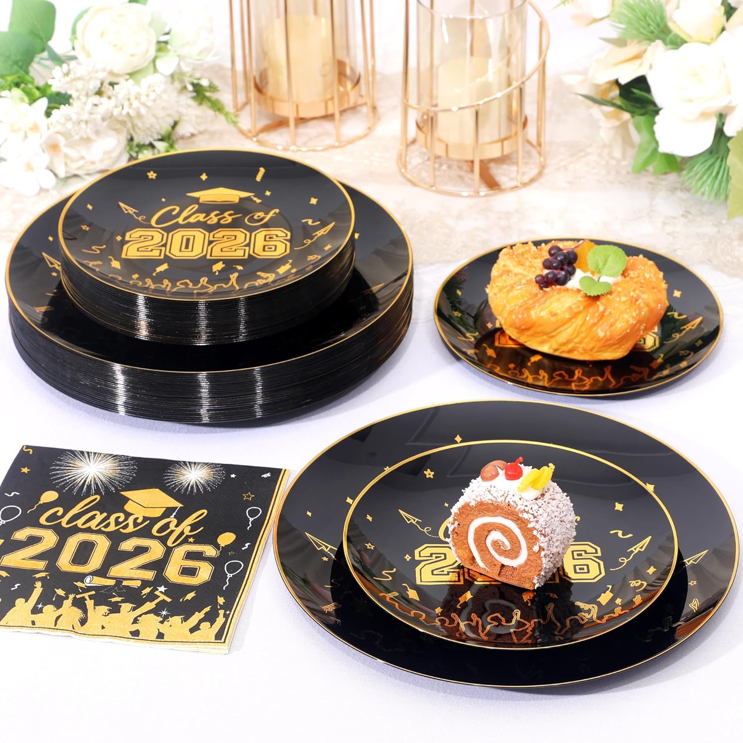 120 Pcs Graduation Plastic Plates,2026 Black Gold Graduation Disposable Plates with Gold Rim for 30 Guests,30 Dinner Plates 10 inch & 30 Dessert Plates 7 inch Cocktail Napkins for Party,Holiday
