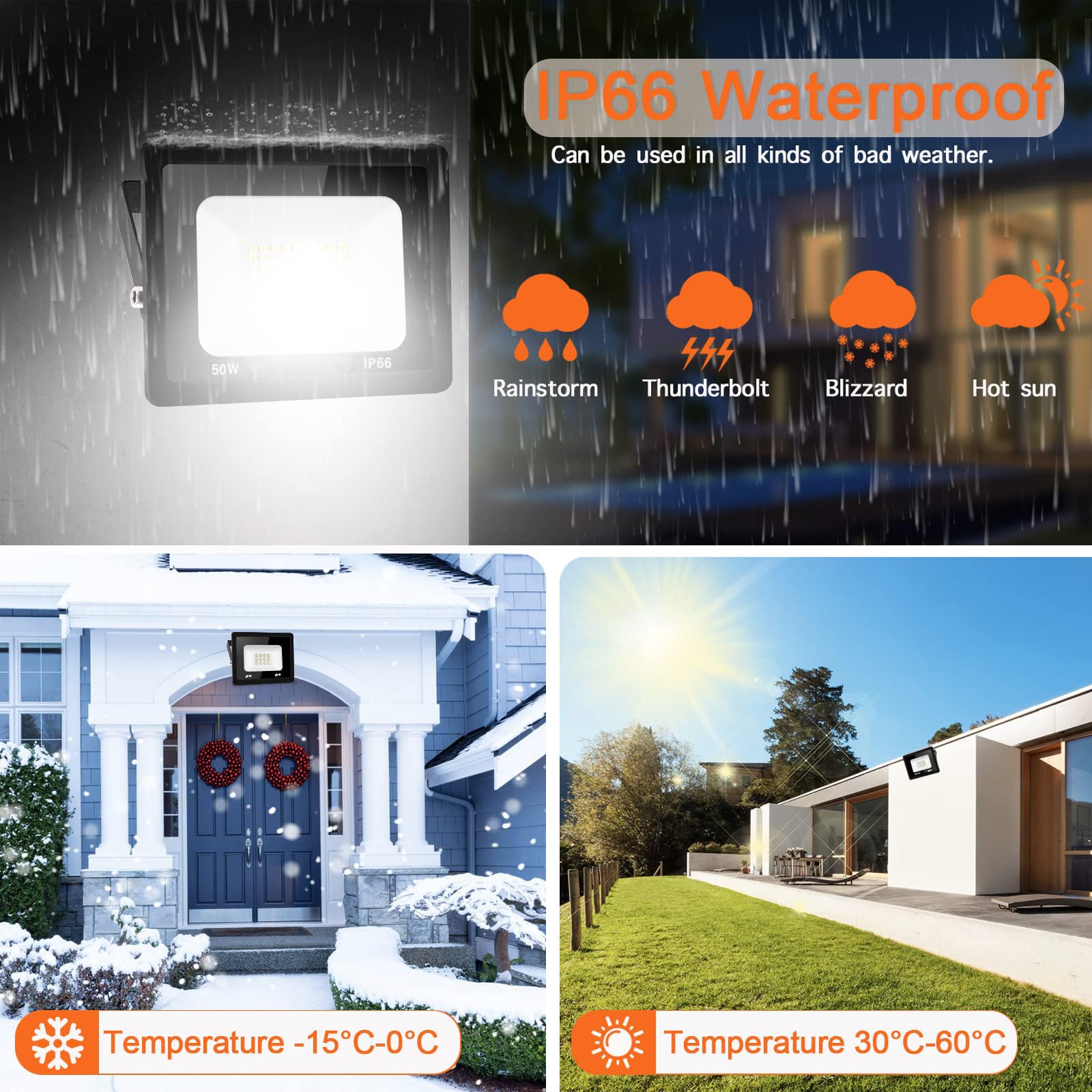 50W LED Außenstrahler, 5000LM 6000K IP66, 4 Stück | 5000LM hell, 6000K Kaltweiß, IP66 wasserdicht, Alu-Gehäuse, 50000h, 80% sparend, für Garten/Garage/Hotel/Sportplatz