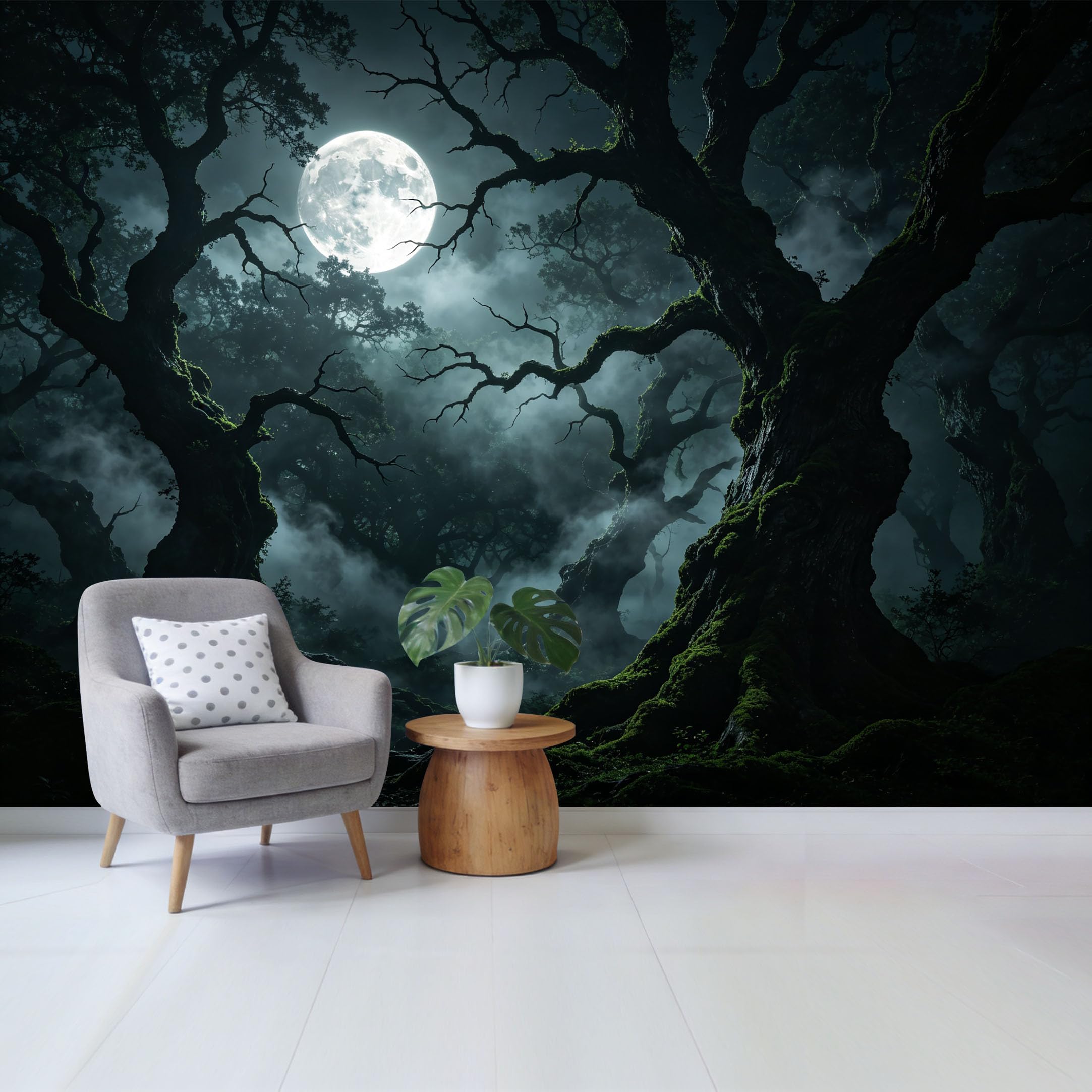 Qzlithotic Yq2605251034 Custom Size Wall Mural Full Moon Night Forest Silhouettes Mysterious Foggy Landscape Modern Selfadhesive Wall Fabric Removable Wallpaper For Home Office Decor