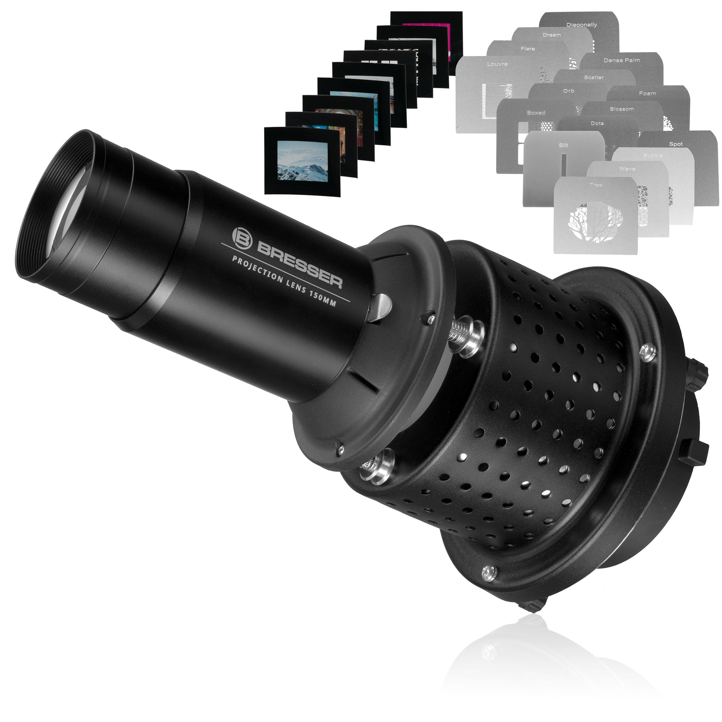 **output**
lente di fotografia bresser da 150mm con sistema di obturazione adattabile per filter colorati e gobos per la videografia
