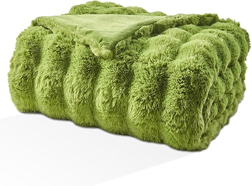 Miniatura 8 de EMME Manta de piel sintética tamaño Queen, color verde oscuro, manta acogedora de conejo de burbujas grande para sofá, manta gruesa de felpa peluda,