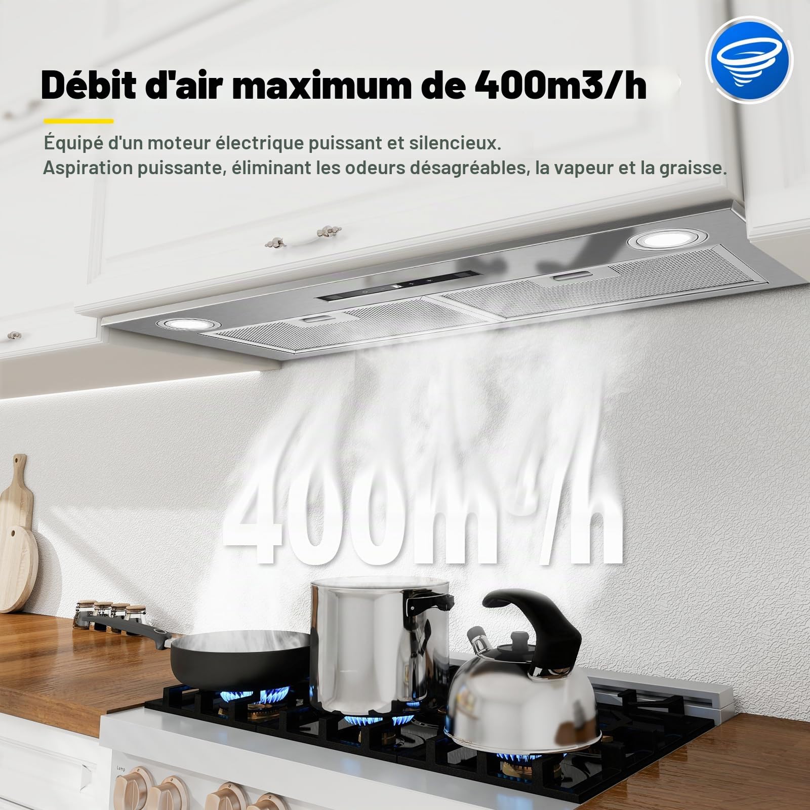 Hotte Aspirante 72cm Encastrable, 400m³/h, Hotte Cuisine, 3 Vitesses & Fonction Booster, Gestuelle, Tactile, Éclairage LED, Évacuation & Recyclage d'air avec filtre à charbon et conduit