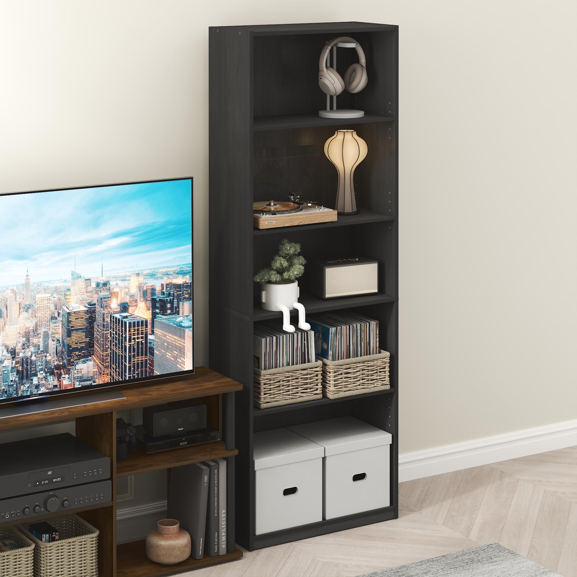 Furinno GEHRY Scaffale DVD, Porta CD a 5 Ripiani, Scaffale Multimediale con Ripiani Regolabili, Mobile Porta DVD per CD DVD Dischi, Facile da Montare, Blackwood