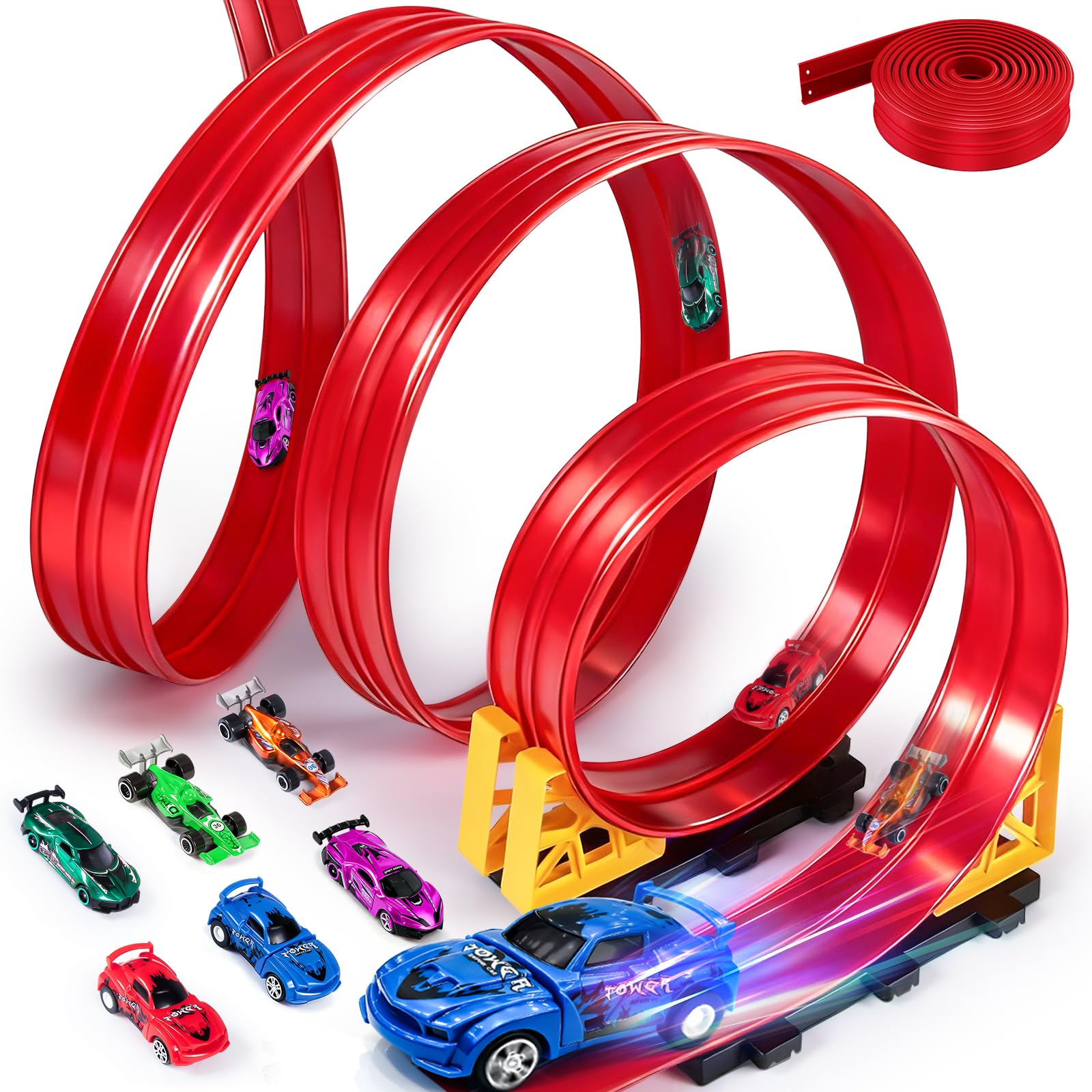 Pista Macchinine 5M Pista Flessibile Macchinine 4 Macchinine 2 Rampe 1 Borsa Portaoggetti 4 Ventose Regalo Flexible Car Track per Bambini 4 5 6 7 Anni (Rosso)