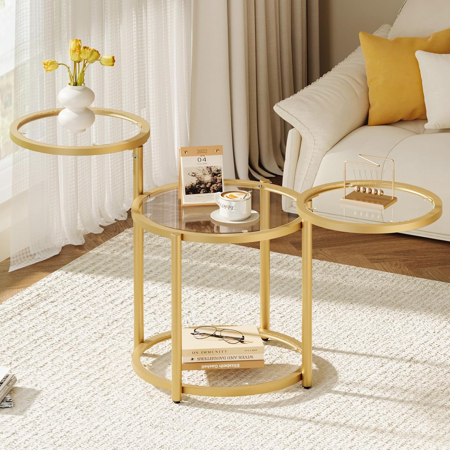 Curlaky Round Glass Coffee Table - 4 Tier Coffee Tables for Living Room with Rotating Top, Circle Coffee Table with Storage, Modern Clear Center Table with Metal Frame for Small Space, Office, Gold