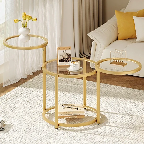 Curlaky Round Glass Coffee Table - 4 Tier Coffee Tables for Living Room with Rotating Top, Circle Coffee Table with Storage, Modern Clear Center Table with Metal Frame for Small Space, Office, Gold