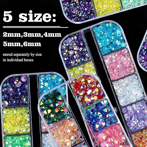 Miniatura 10 de Kikonoke Juego de 5 cajas de diamantes de imitación para arte de uñas, medias perlas, parte trasera plana 3D, gemas de cristal, diseño de diamantes