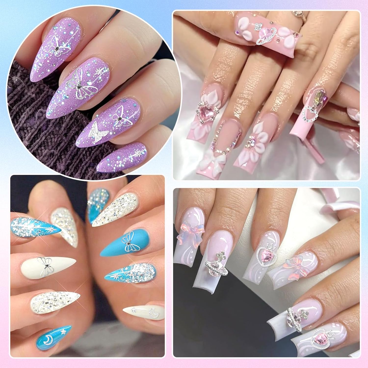 Cross Star Silver Nail Charms, 320 Pcs Pink Cherry Butterfly Bows 3D Alloy Nail Gems and Charm, Heart Dollar Star Crown Nail Art Charms, Silver Nails Rivets Charms for Nails DIY Design Y2K Supplies - Image 7