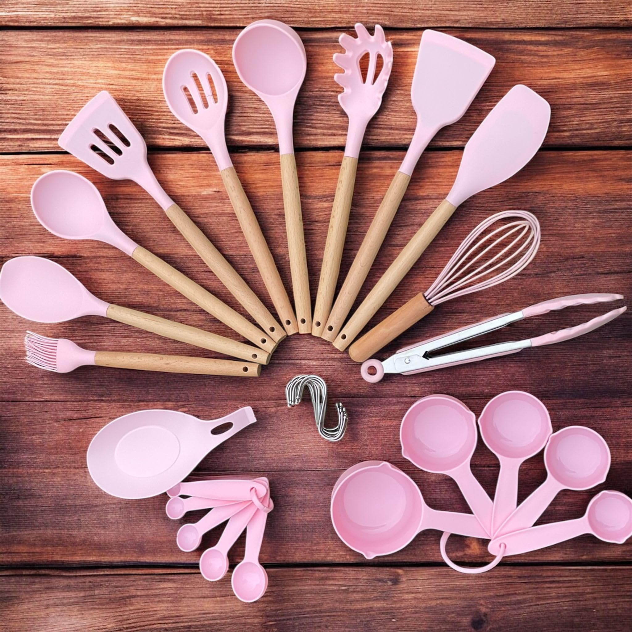 AHASON'S Set di 33 utensili da cucina in silicone antiaderente con supporto, manico in legno resistente al calore, set di utensili da cucina in silicone