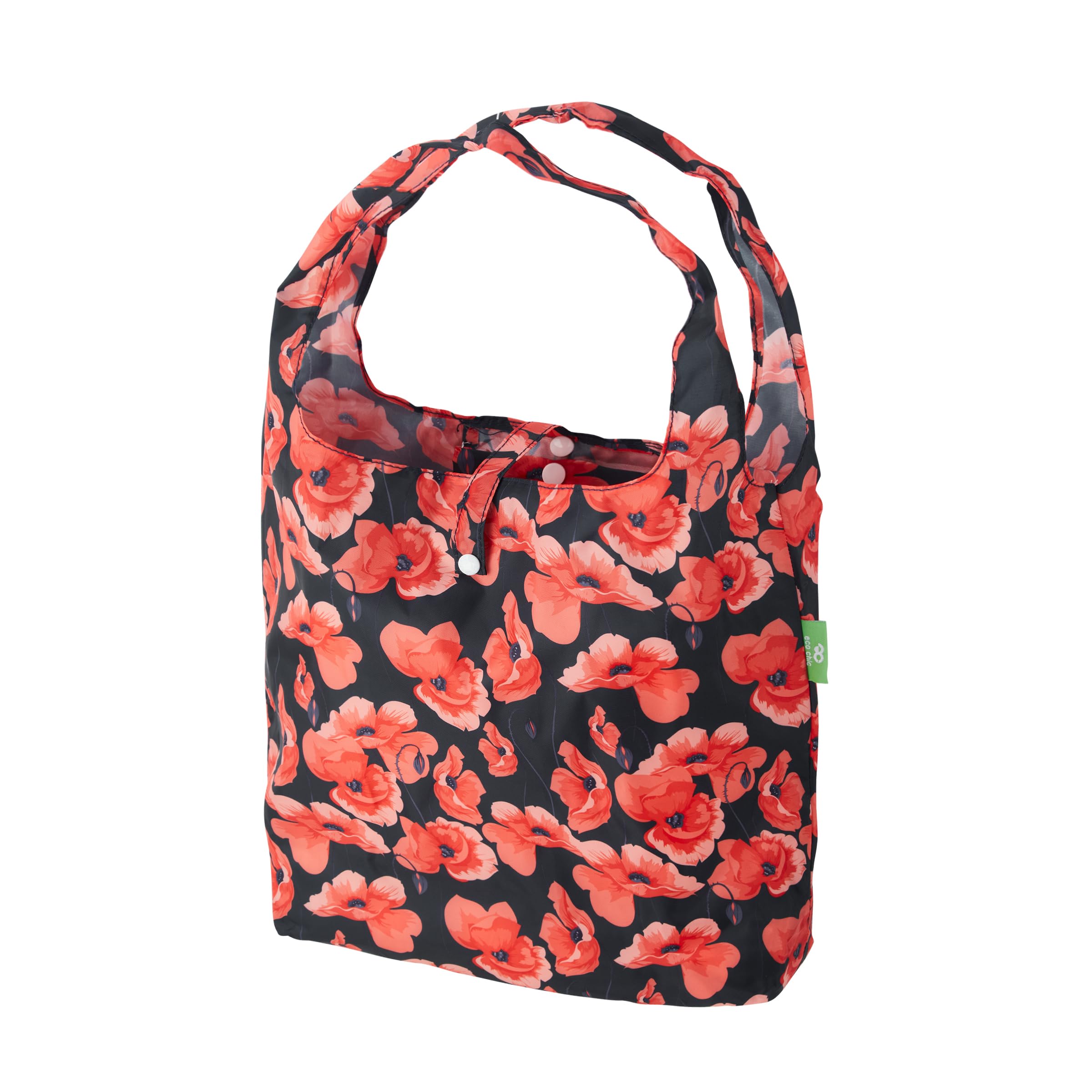 Eco Chic Lightweight Foldable Reusable Shopping Bag Water Resistant Tote Bag (Poppies Navy)