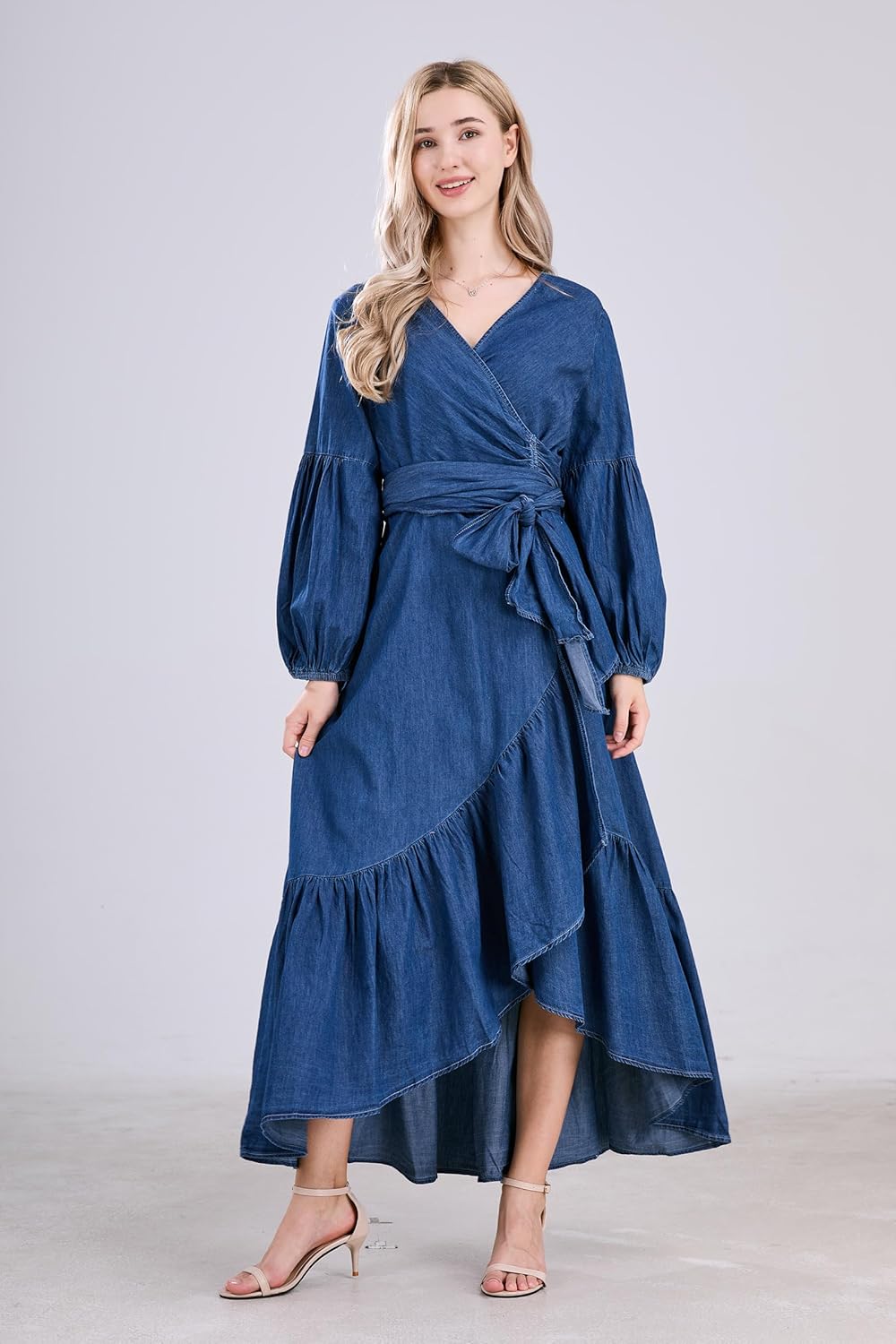 utcoco Womens Casual Belted Long Sleeve Denim Dress Wrapped V-Neck Ruffle Hem Maxi Denim Dresses for Women 2025 - Image 6