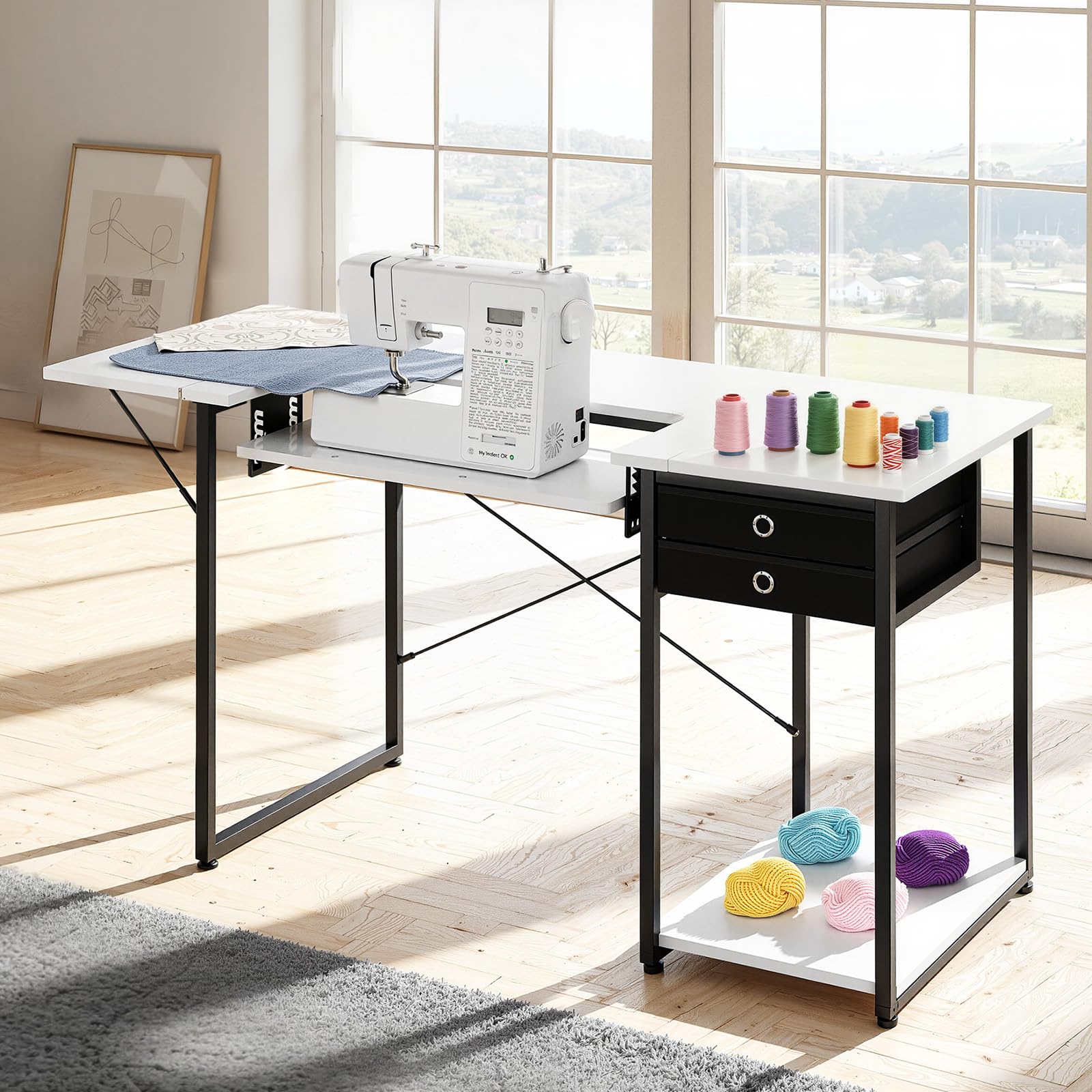 VEVOR Table de Couture, Pieds en Acier, Table pour Machine à Coudre Polyvalente avec tiroirs, Tablette latérale Pliable, étagère réglable, pour Maison, Studio d'art, établissement d'enseignement