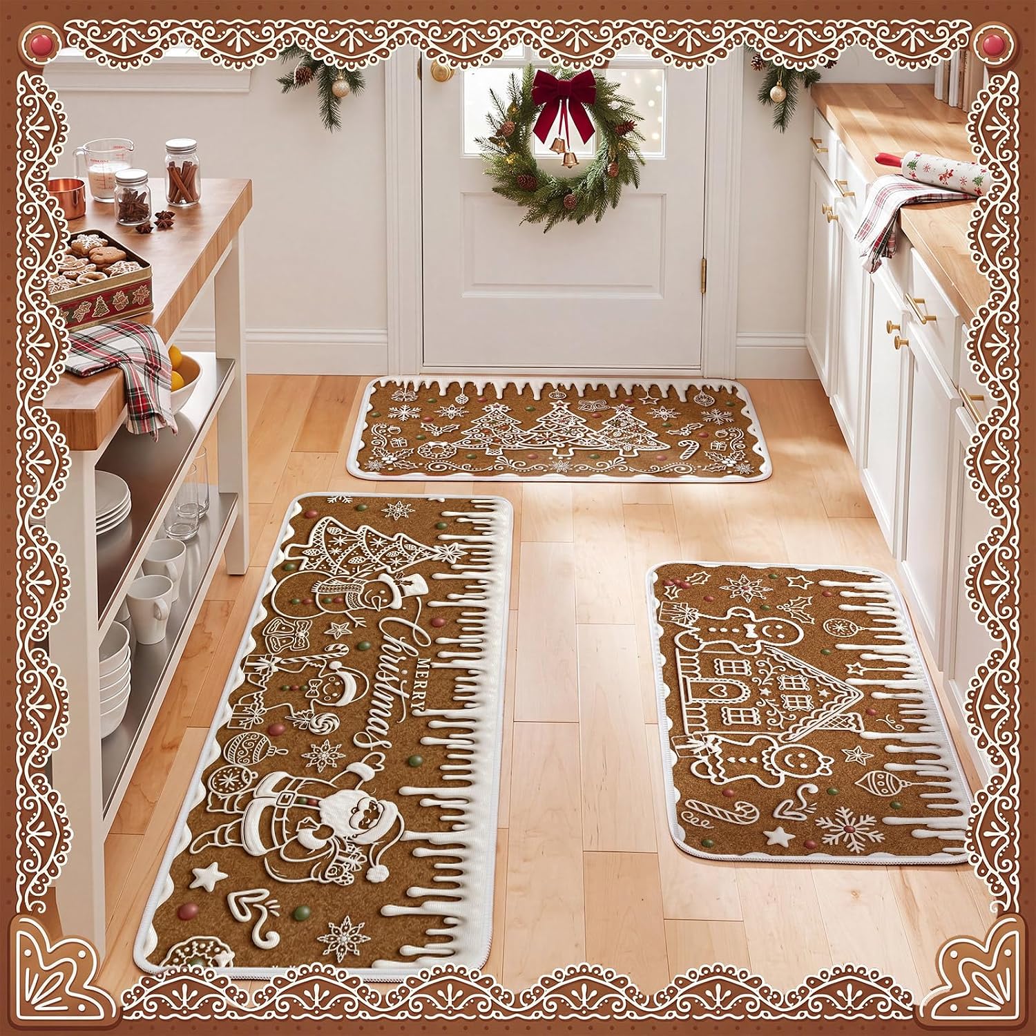 3 Pcs Christmas Kitchen Rugs and Mats Set, Gingerbread Cookie Style Non Slip Floor Mats, Waterproof Runner Rug with Santa Snowman Gingerbread Man for Kitchen Bathroom Door Party Decor image 5