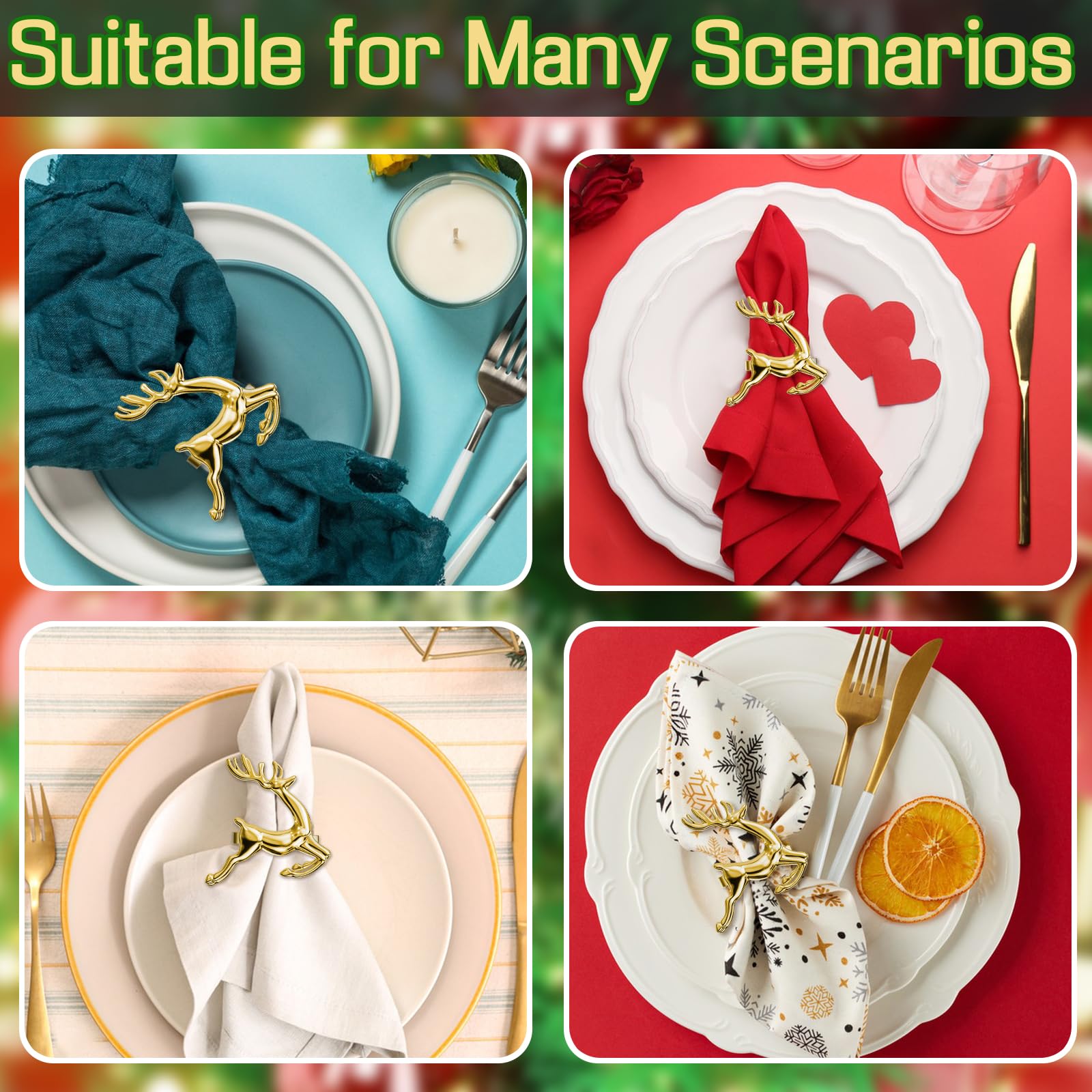 ZeeDix Set di 24 portatovaglioli natalizi con renna dorata, portatovaglioli per cena di Natale, decorazione da tavola, tovaglioli, ricevimenti di nozze, feste di vacanza, banchetti e cucina di casa