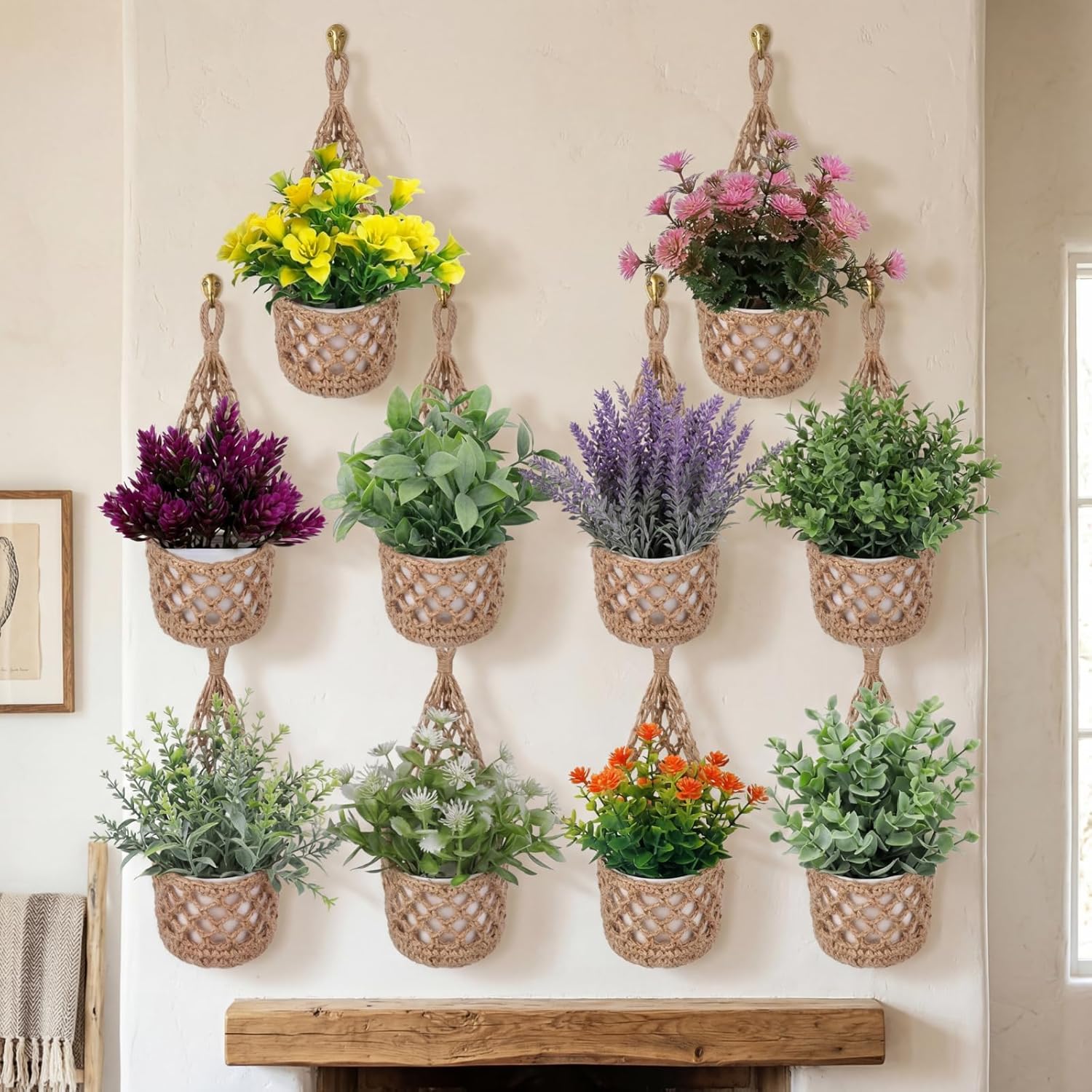 10 Pack Macrame Wall Plant Hanger with Artificial Pot Flower - Boho Wall Hanging Planter for Indoor Plant Cotton Rope Holder with Mini Fake Pot Flower for Home Wedding Decor Gift(Jute)