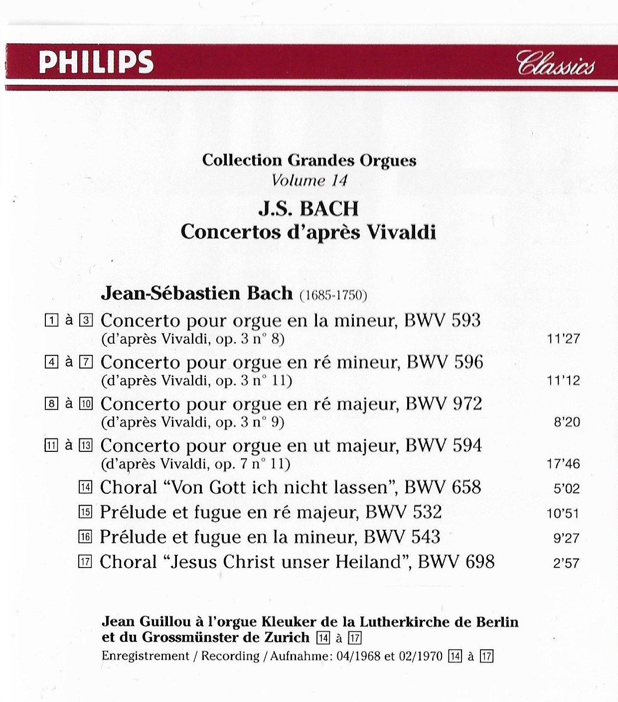 Concertos Pour Orgue D'apr [Audio CD] Bach, Johann Sebastian