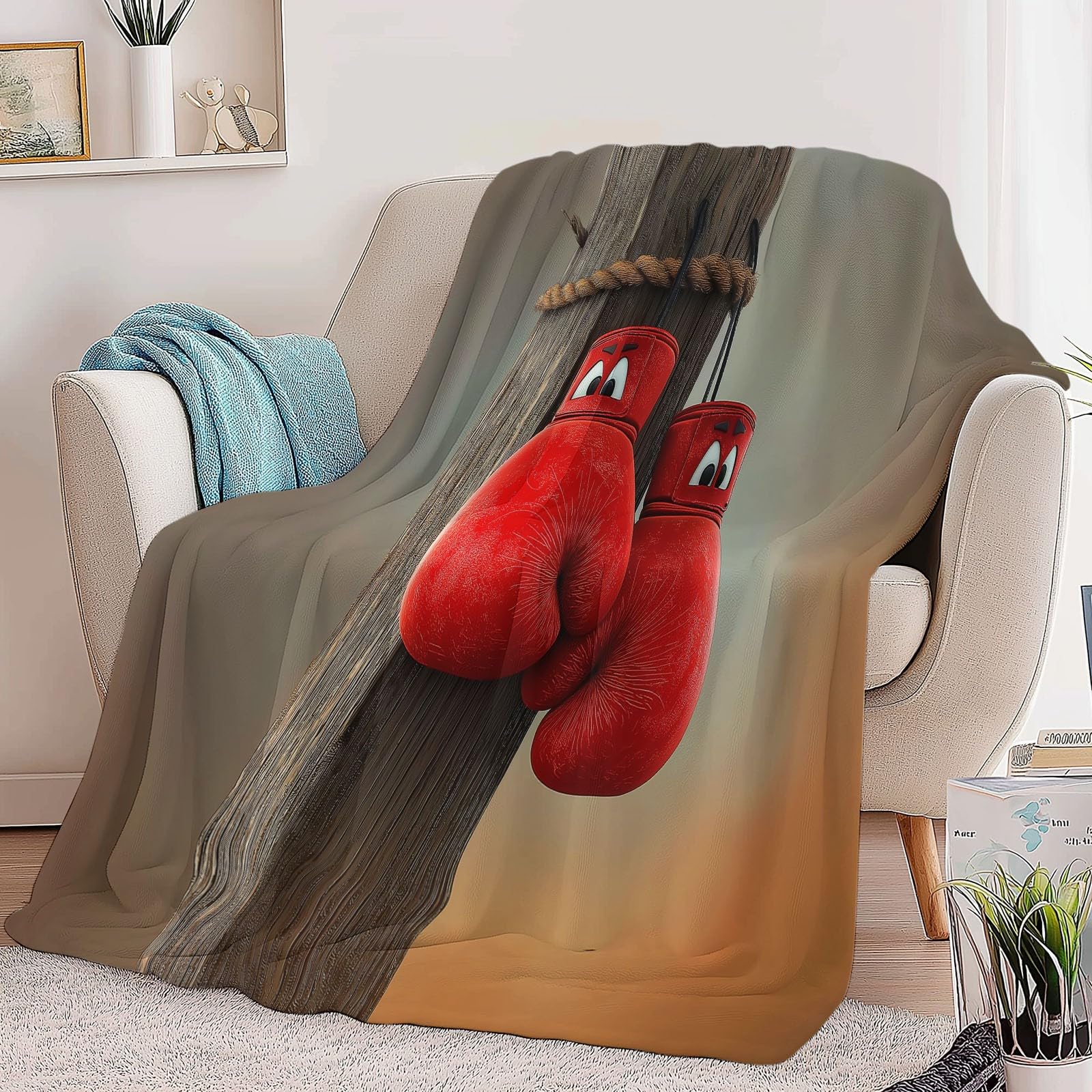 Podwójny koc polarowy 180 x 200 cm Czerwone rękawice bokserskie z kreskówek w kratę na sofę i łóżko, ciepły i miękki koc z polaru flanelowego, beżowy - do łóżek i mebli