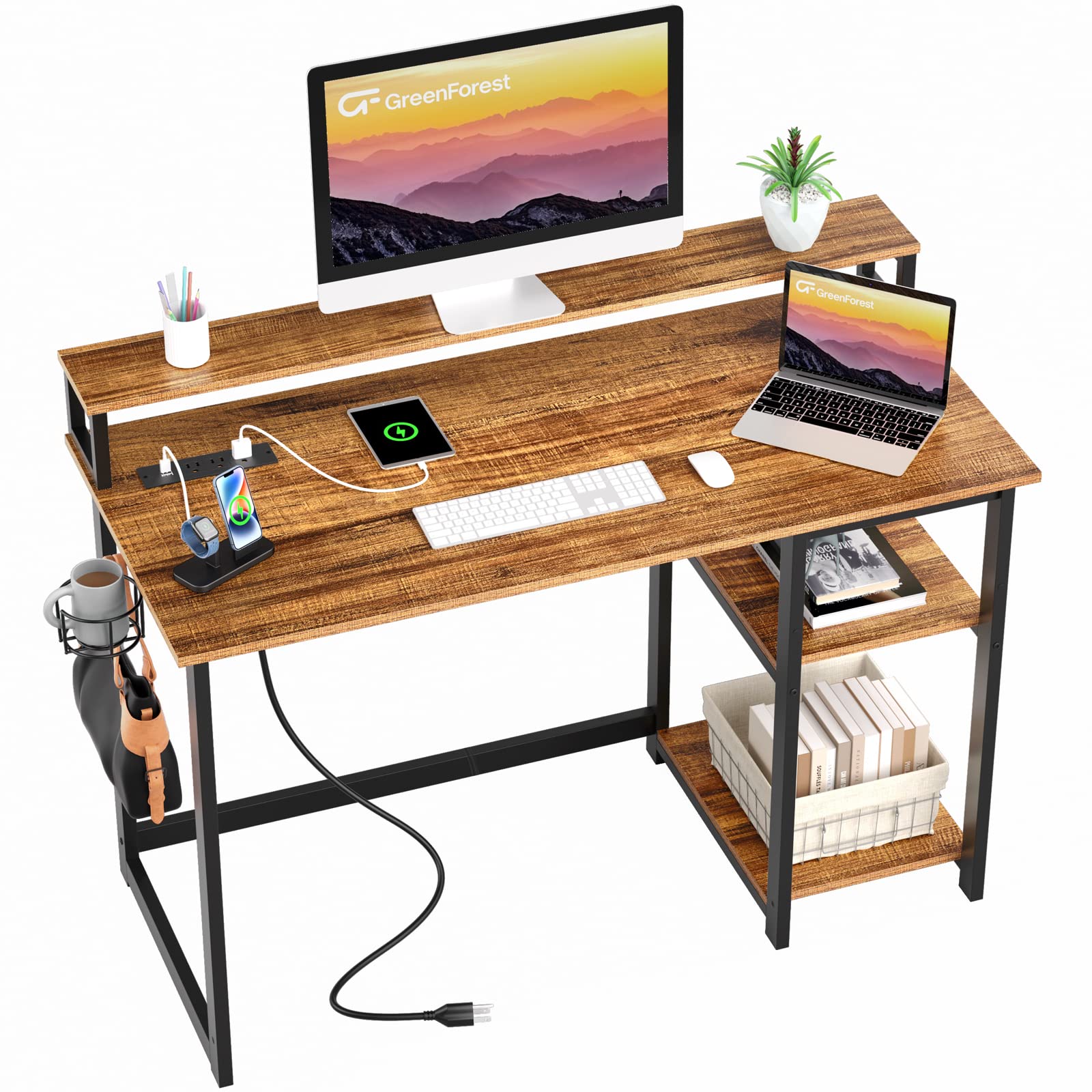 Photo 1 of GreenForest Computer Desk with USB Charging Port and Power Outlet, Reversible Home Office Desk with Monitor Stand and Shelves for Small Space, 47 inch Work Desk with Cup Holder and Hook, Walnut Walnut 47 inch
