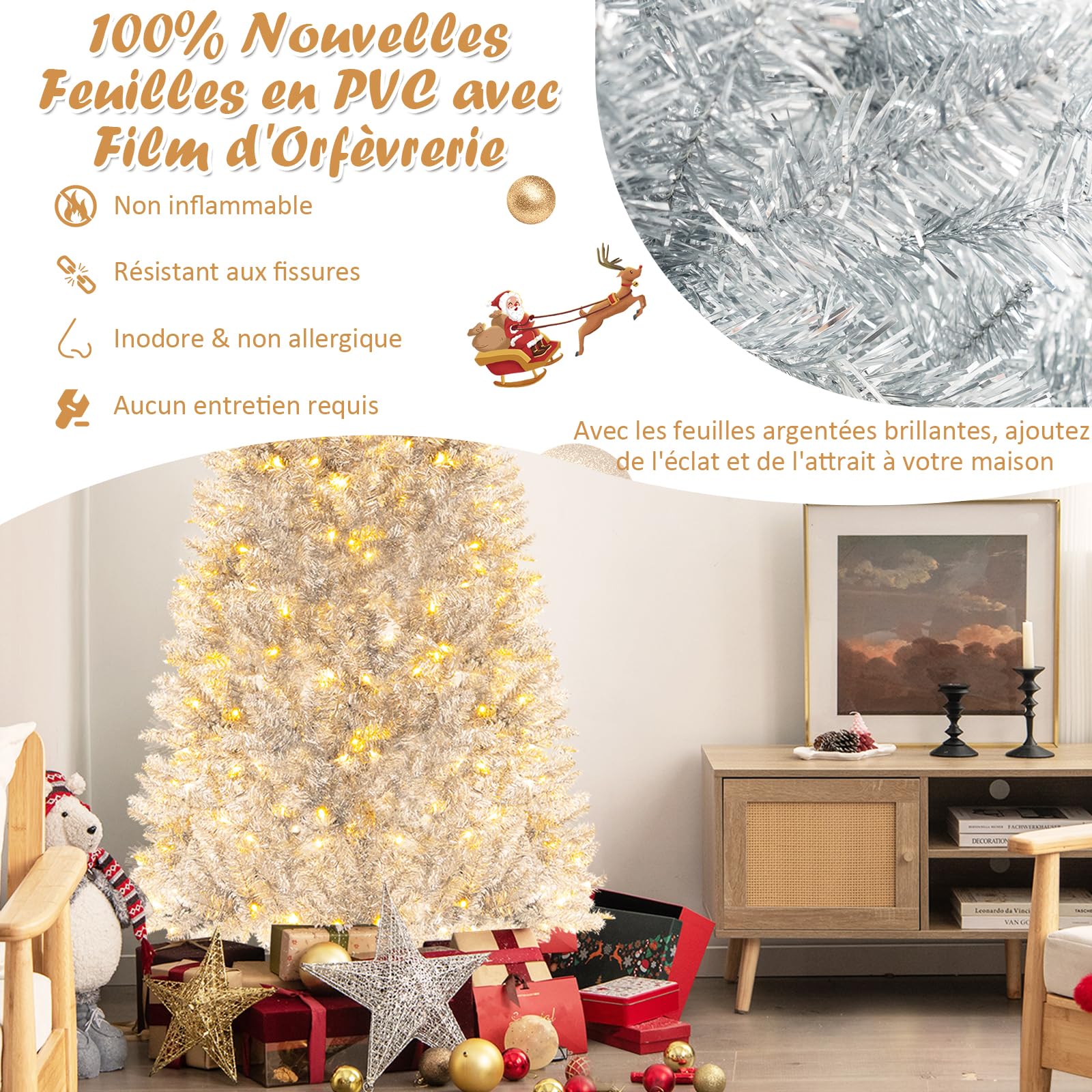 COSTWAY Sapin de Noël Artificiel Argenté Pré-éclairé de 180 cm, 790 Pointes de Branches, 300 Lumières LED Blanc Chaud, Support en Métal Pliable, Charnière, pour Bureau, Maison