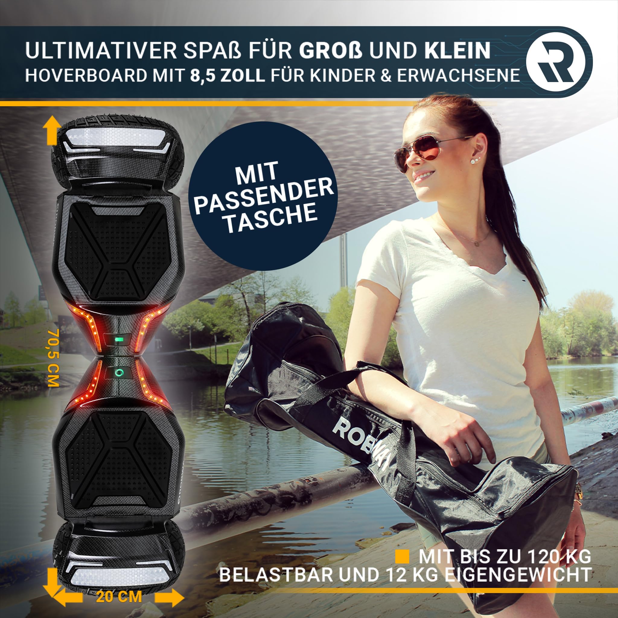 Robway X2 Hoverboard | 𝐃𝐀𝐒 𝐎𝐑𝐈𝐆𝐈𝐍𝐀𝐋 ® Hoverboards für Kinder Jugendliche & Erwachsene - APP Steuerung - 𝟮 x 𝟯𝟓𝟬 Watt Motoren - Self-Balance - Bluetooth (X2 Carbon, Offroad)