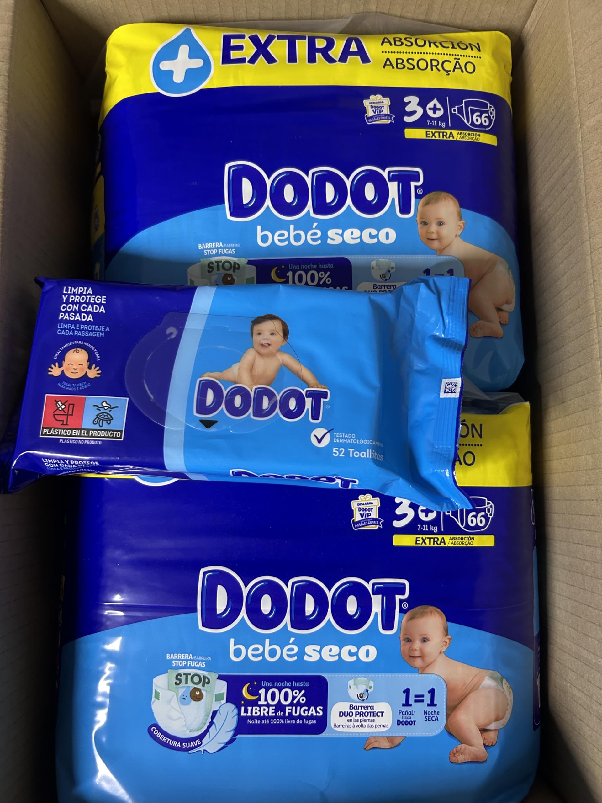 Dodot Bebé Seco Extra - Pack 2 Talla 3-66 uds. + Toalhitas 52 Uni.