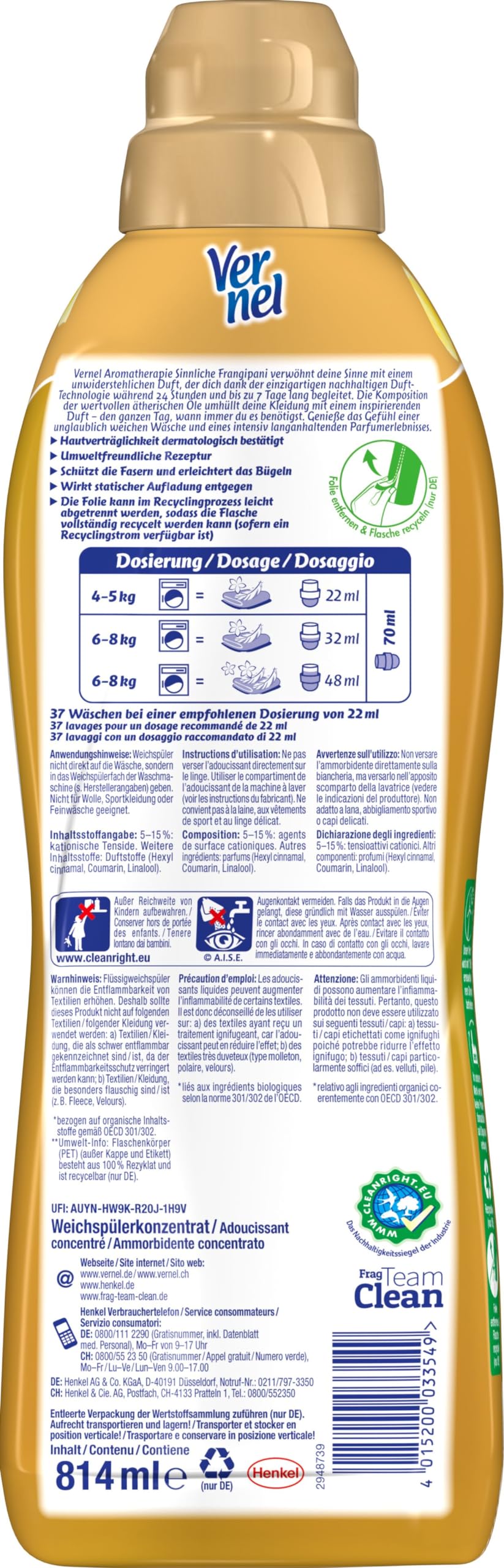 Vernel Aromatherapie Sinnliche Frangipani Weichspüler, 384 (12 x 32) Waschladungen, langanhaltender Wäscheduft mit ätherischen Ölen für 24/7 Frische, recycelbare Flasche
