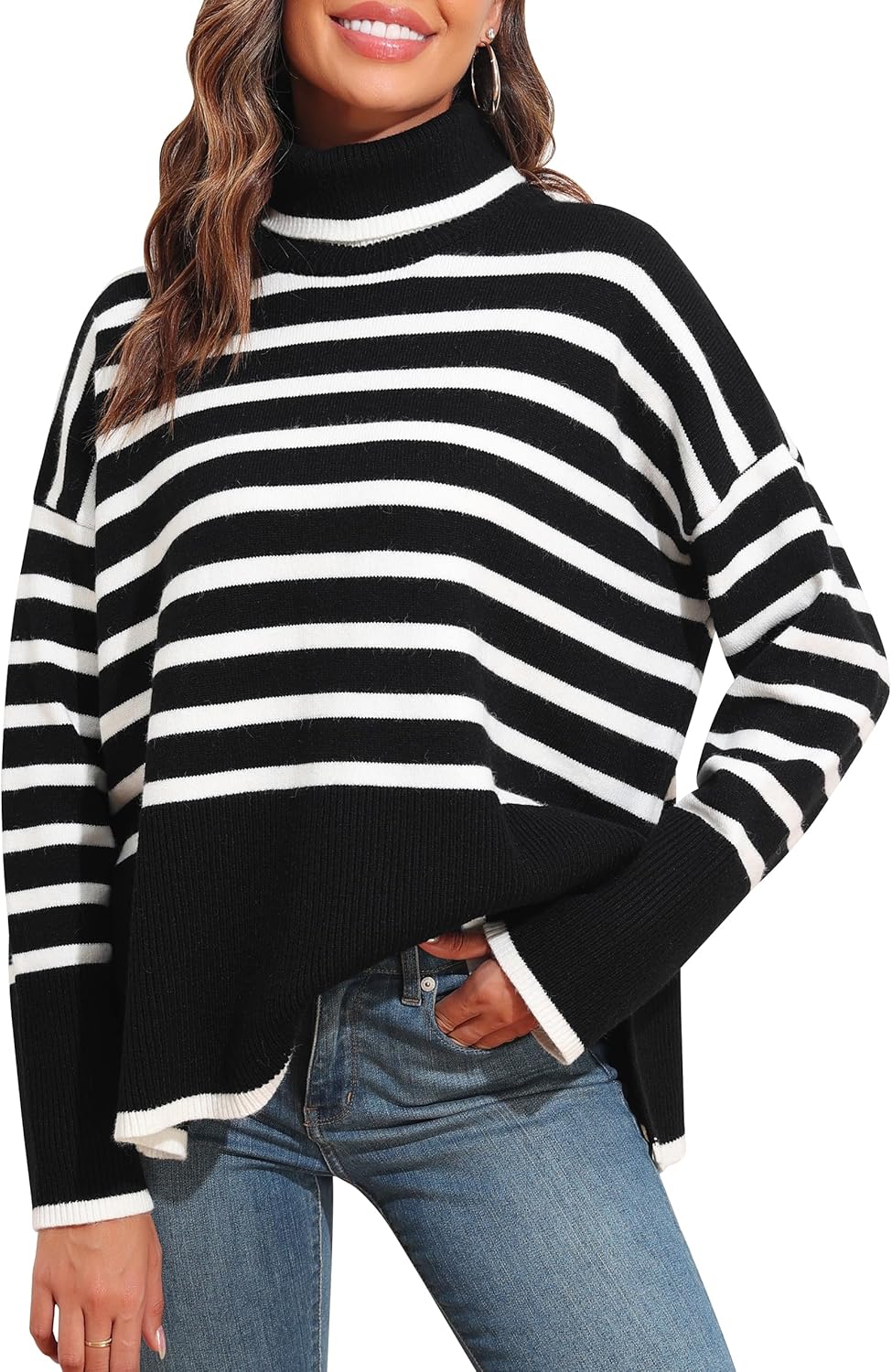 PrettyGuide Women's Turtleneck Oversized Sweaters Casual Long Sleeve Side Slit Chunky Knit Tunic Sweater Tops - Image 2