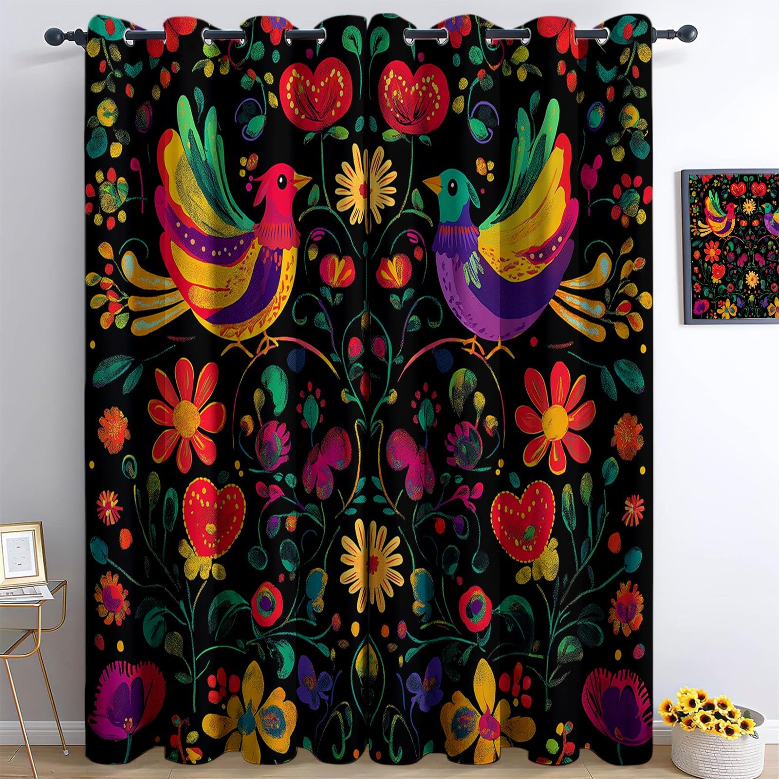 Izolowana termicznie zasłona zaciemniająca z oczkami 280 x 245 cm retro nadruk kwiatowy i ptaki ochrona przed hałasem zasłona dekoracyjna do sypialni salonu, kolor