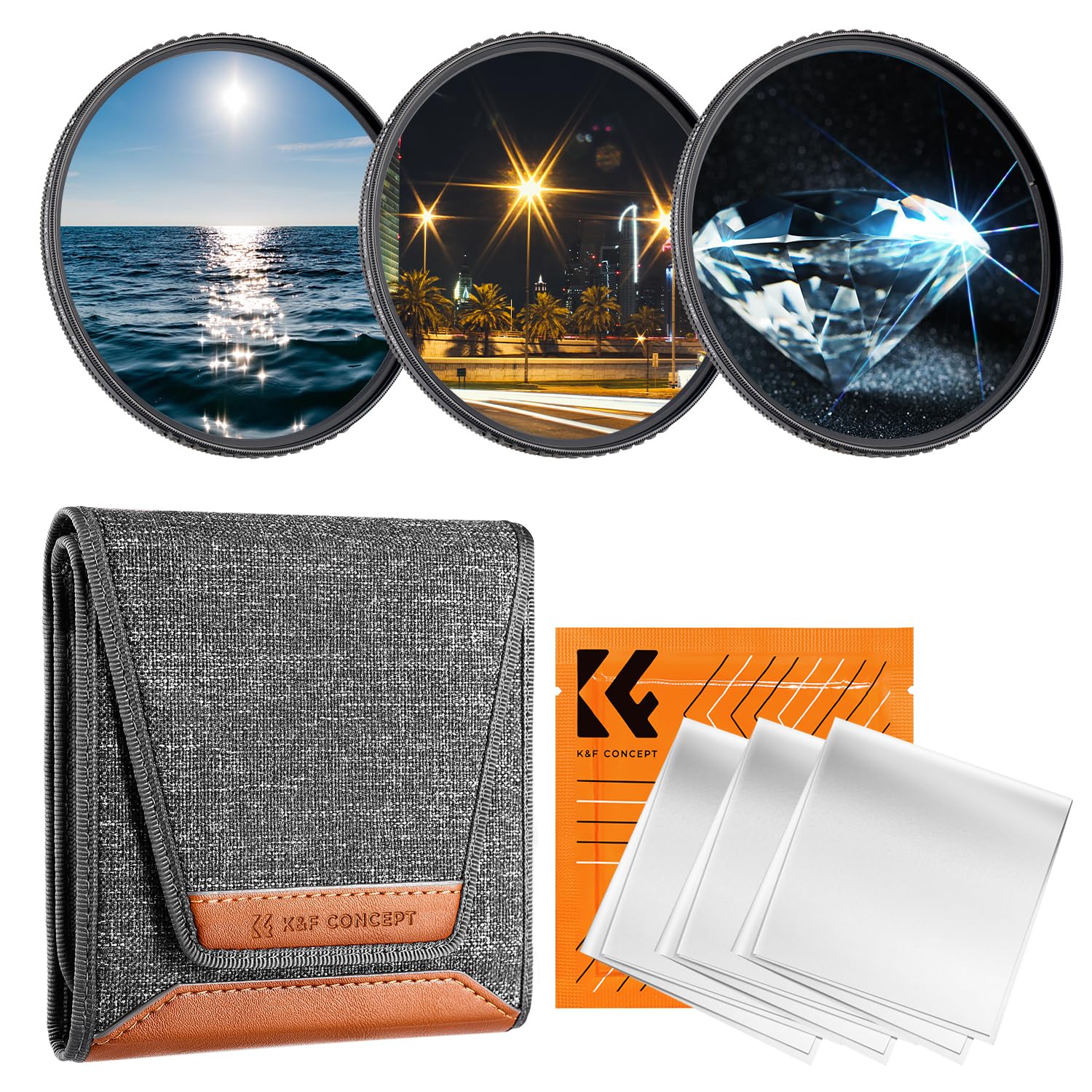 K&F CONCEPT 67mm Star Filters Kit (3pcs) 4 Points 6 Points 8 Points Cross Screen Starburst Filters Set -18 Layer Coating Ultra Slim Optical Glass Camera Lens Filter with 3 Cleaning Cloth