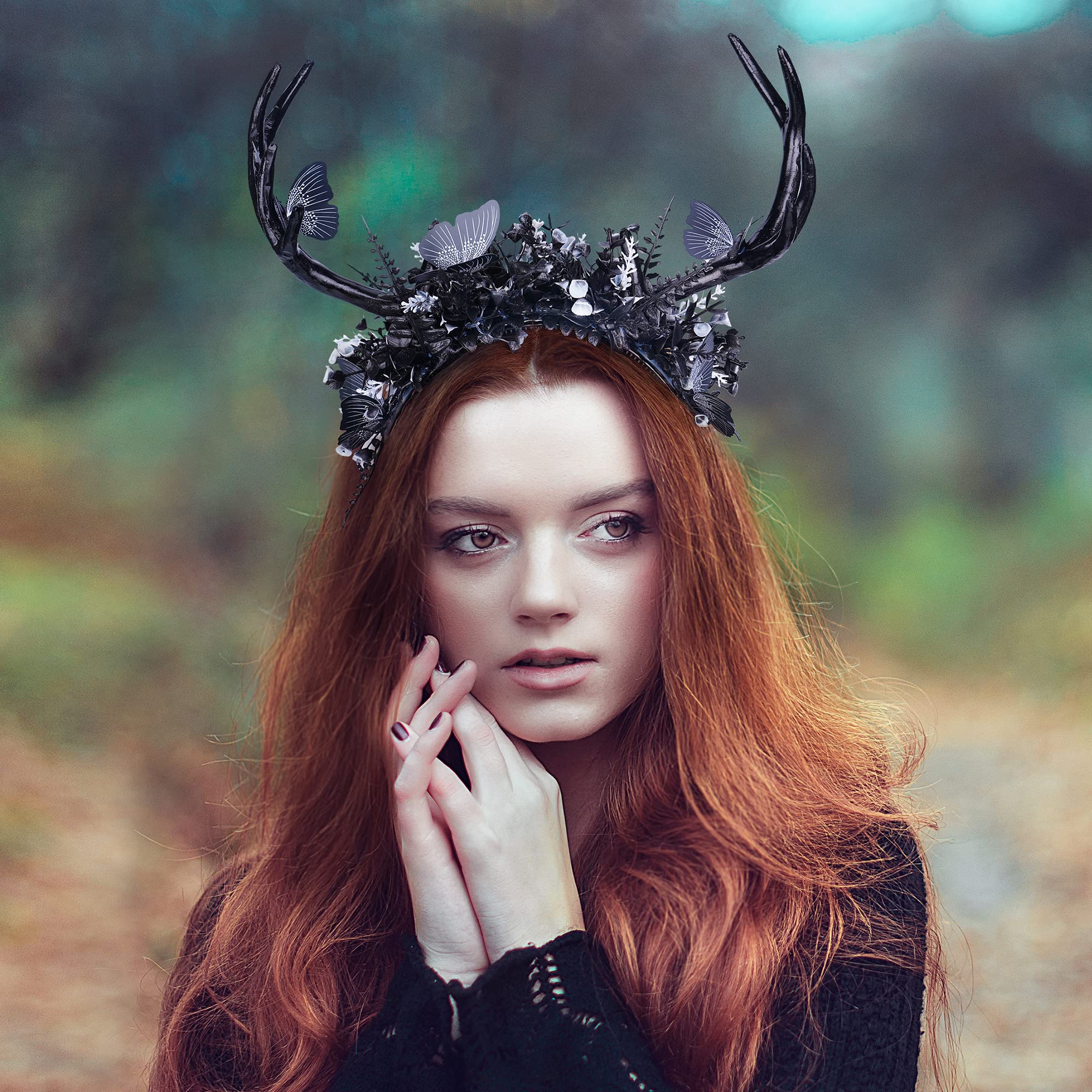 MOSTORY Gothic Antlers Headband for Witch Costume Women Black Headdress with Flower and Butterfly for Halloween Cosplay Renaissance Carnival - Image 2
