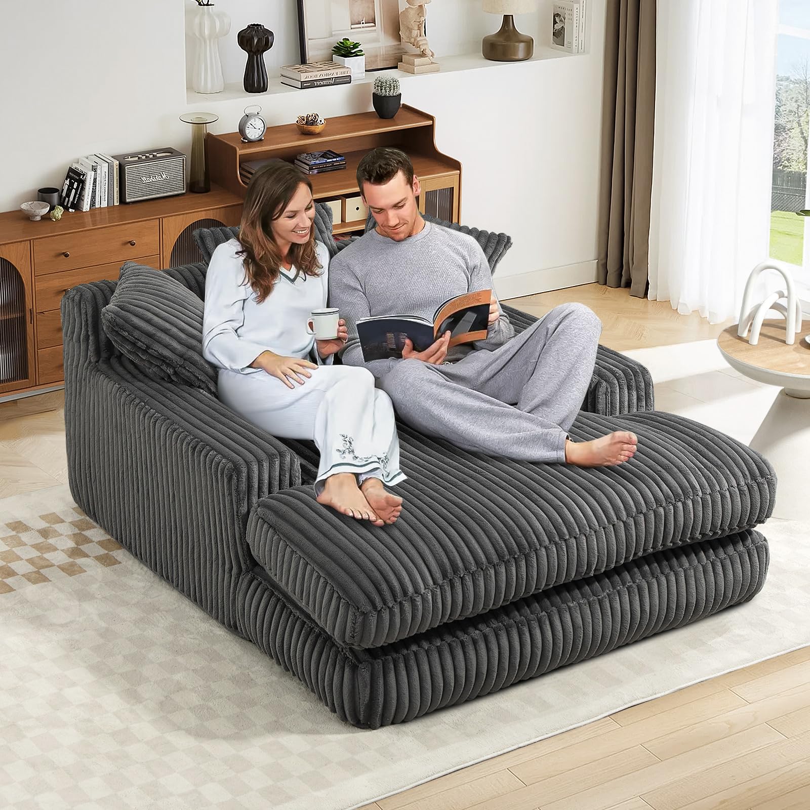 JEEOHEY Oversized Chaise Lounge Chair Indoor, 53"W Upholstered Corduroy Loveseat Sofa Boneless Chair with Pillows, Comfy Cloud Couch, Modern Lazy