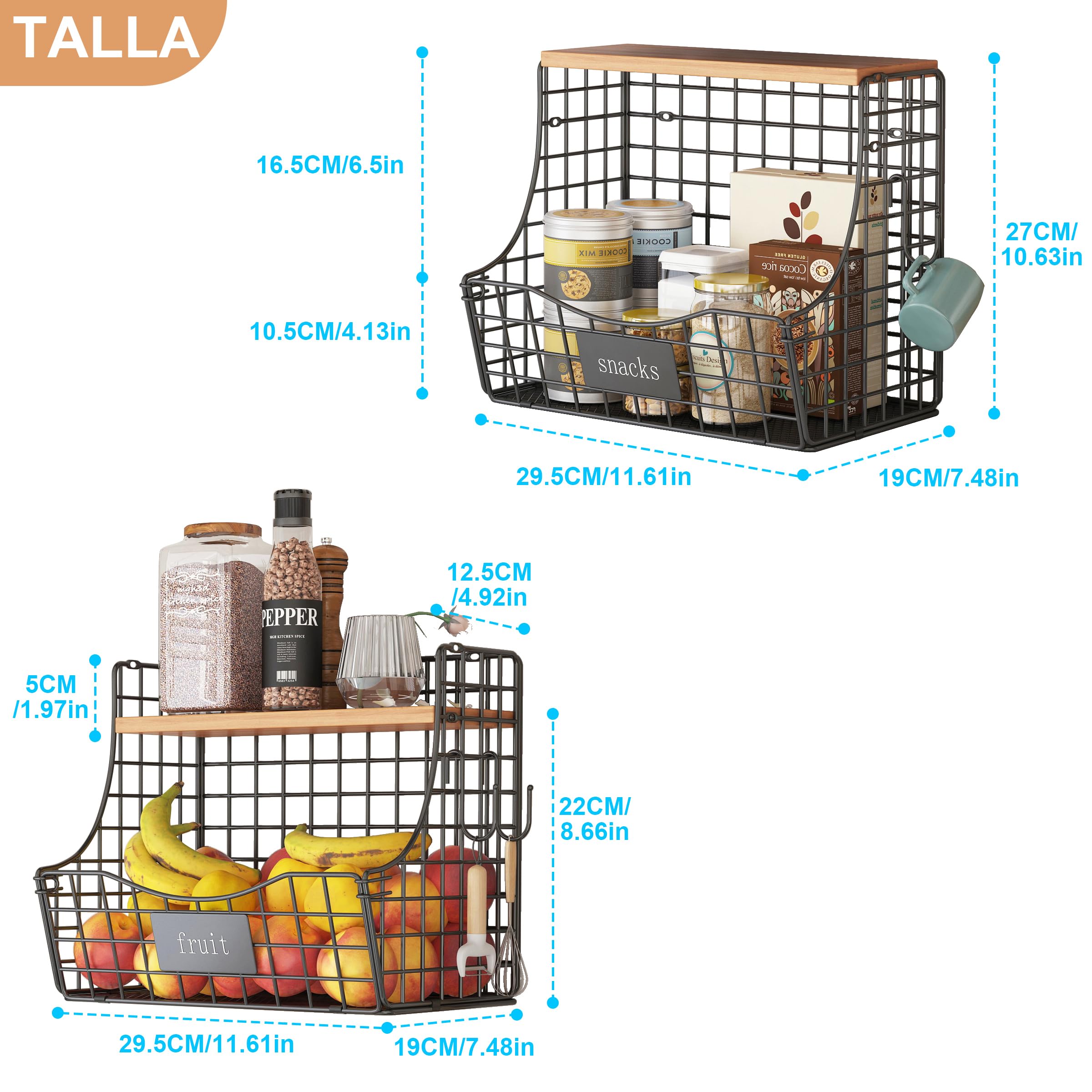 UMDONX 3 Piezas Fruteros de Cocina Metálica Cesta de Fruta de Pared Organizador de Frutas y Verduras con Tapa(Negro,29x19x27cm)