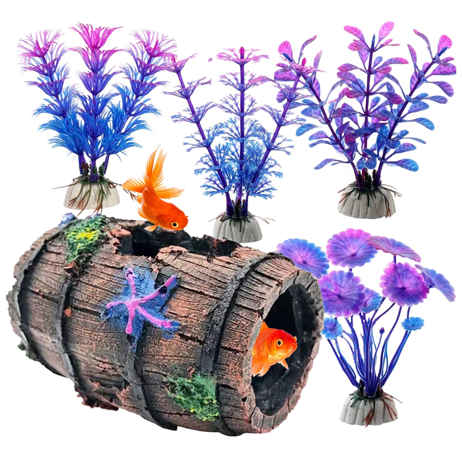Lzydkh Colorful Fish Tank Decorations, Fish Tank Accessories Aquarium Ornaments Aquarium Broken Barrel Cave Decor Broken Barrel Cave Decor Hideout Aquariums Ornaments With 4 Aquatic Plants