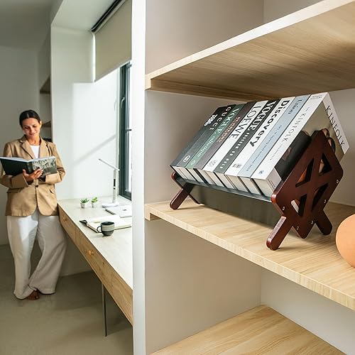 Miniatura 9 de Bunkal Estantería de escritorio de bambú, estante inclinable para almacenamiento, mini organizador de escritorio para libros y cartas, oficina en