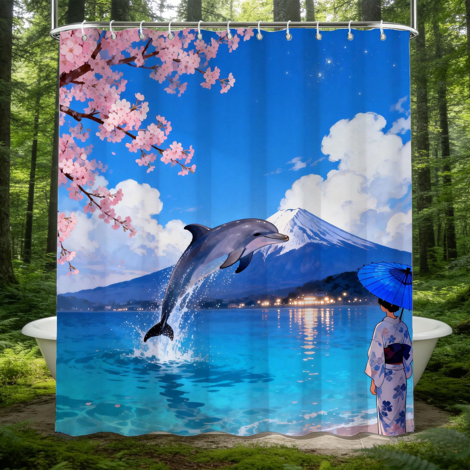 Hongduo 3D Japanese Style Landscape Shower Curtain for Stalls Bathtubs Dolphin Bathroom Decor Shower Curtain Set Polyester Fabric Waterproof 180x180cm/71X71 Inch with Hooks