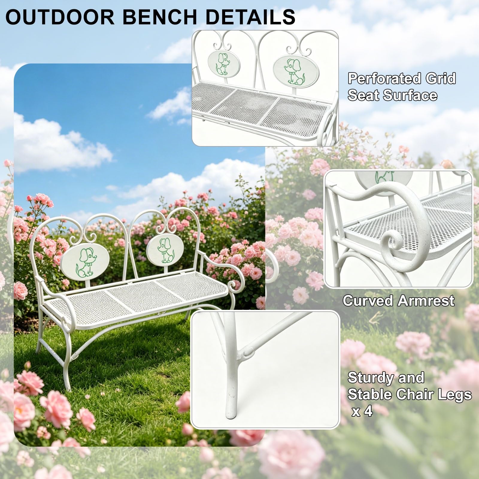 Gartenbank aus Metall, 2-Sitzer, Schmiedeeisen, faltbar, 230 kg Kapazität für Terrasse, Hinterhof, Veranda, Pool, Weg