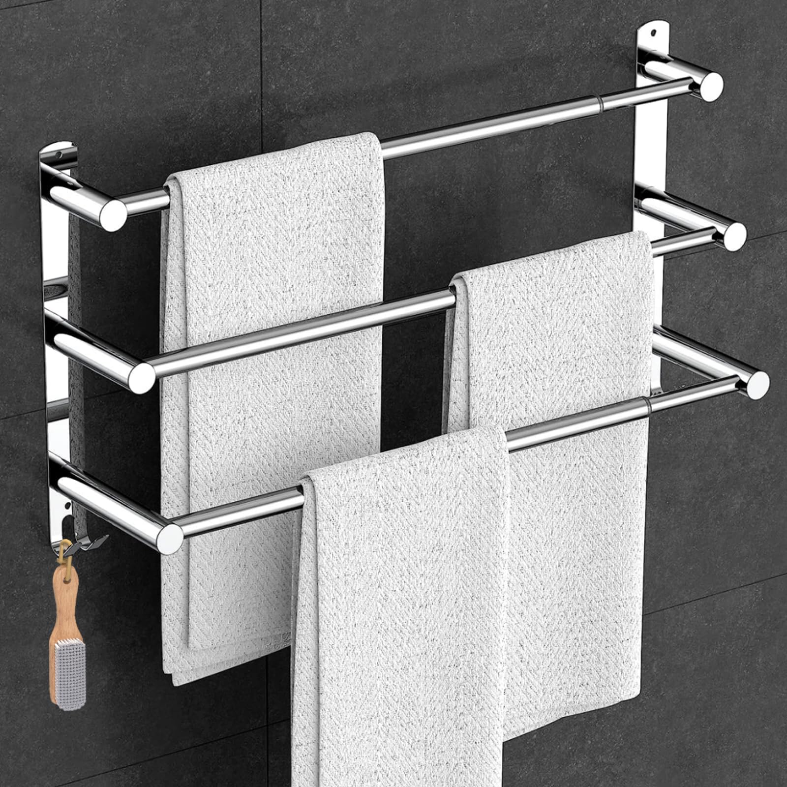 Bathroom Towel Rack,Stretchable 17-31 Inches Towel Bar for Bathroom Kitchen Hand Towel Holder Dish Cloths Hanger SUS304 Stainless Steel RUSTPROOF Wall Mount No Drill Sdjustable (Three BAR)