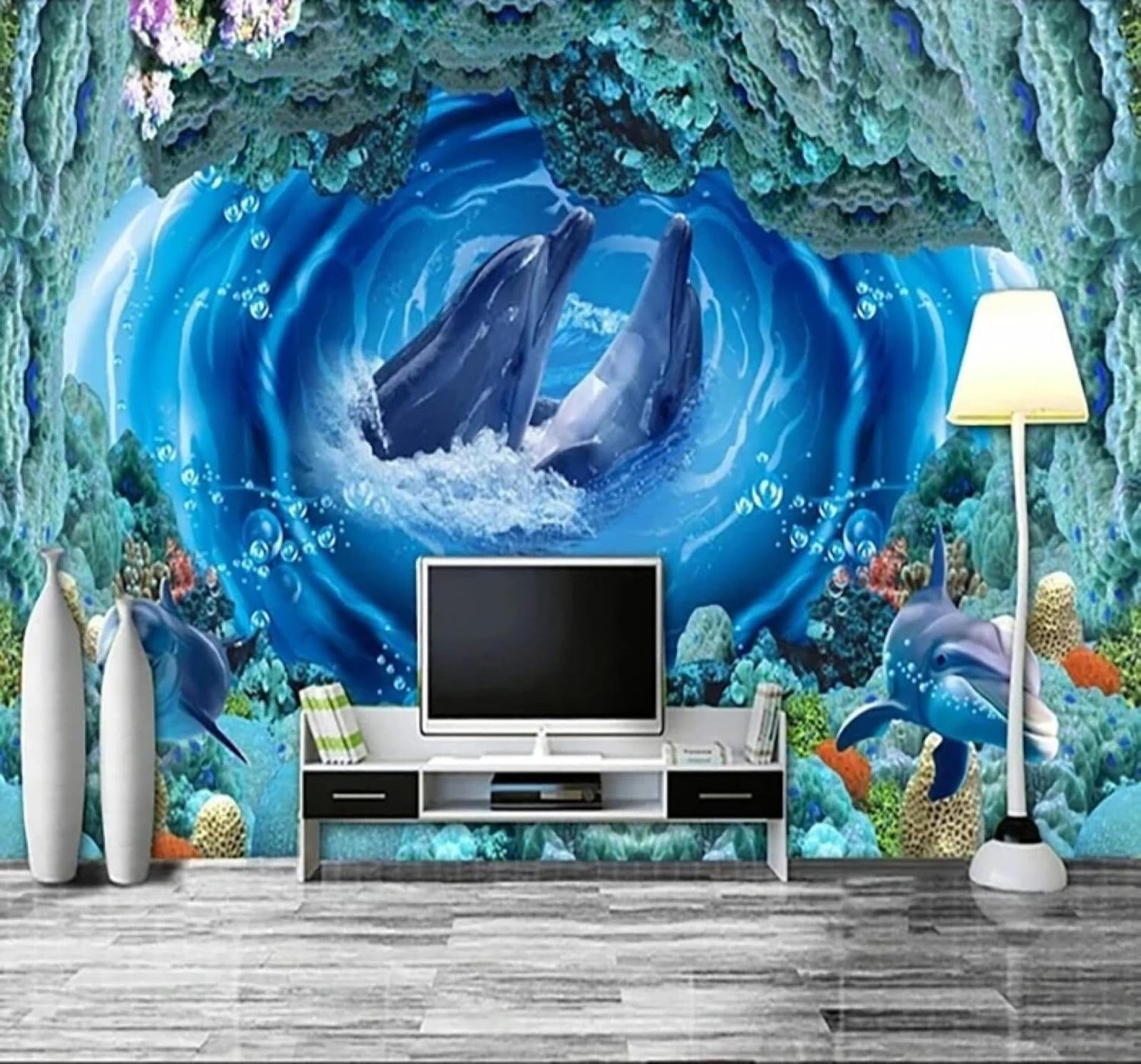 XLMING Beautiful Swirls Dolphins Underwater World Coral 3D Wallpaper Luxury Home Dining Decor Paste Sofa Living Room The Wall for Bedroom Mural-400cm×280cm