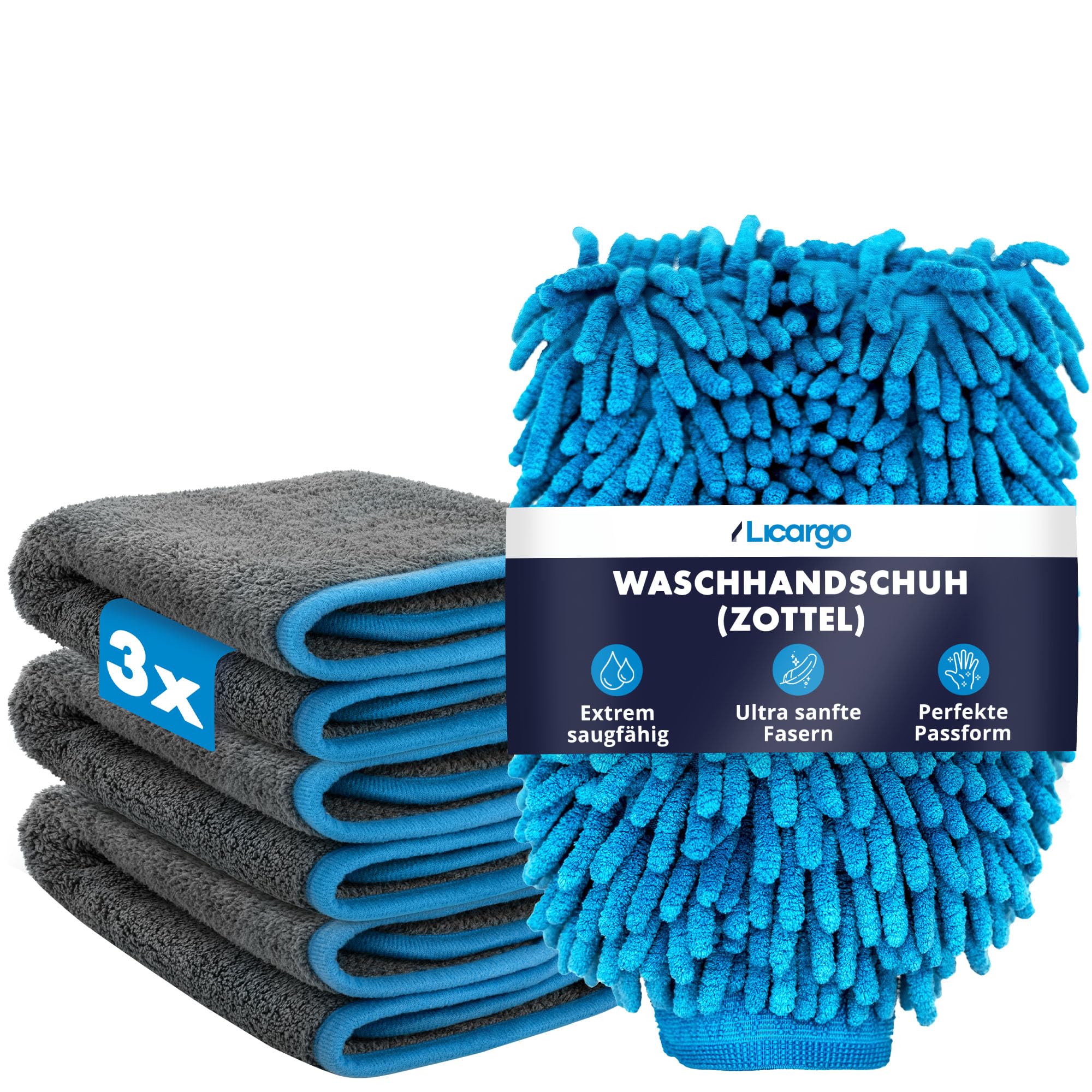 LICARGO Handwäsche Set - 1x Zottel-Waschhandschuh Auto - 3X Mikrofasertücher Auto 600 GSM 40x40cm - saugstarke Trockentücher - Zottelhandschuh mit weicher Mikrofaser - perfekte Handwasch Kombi