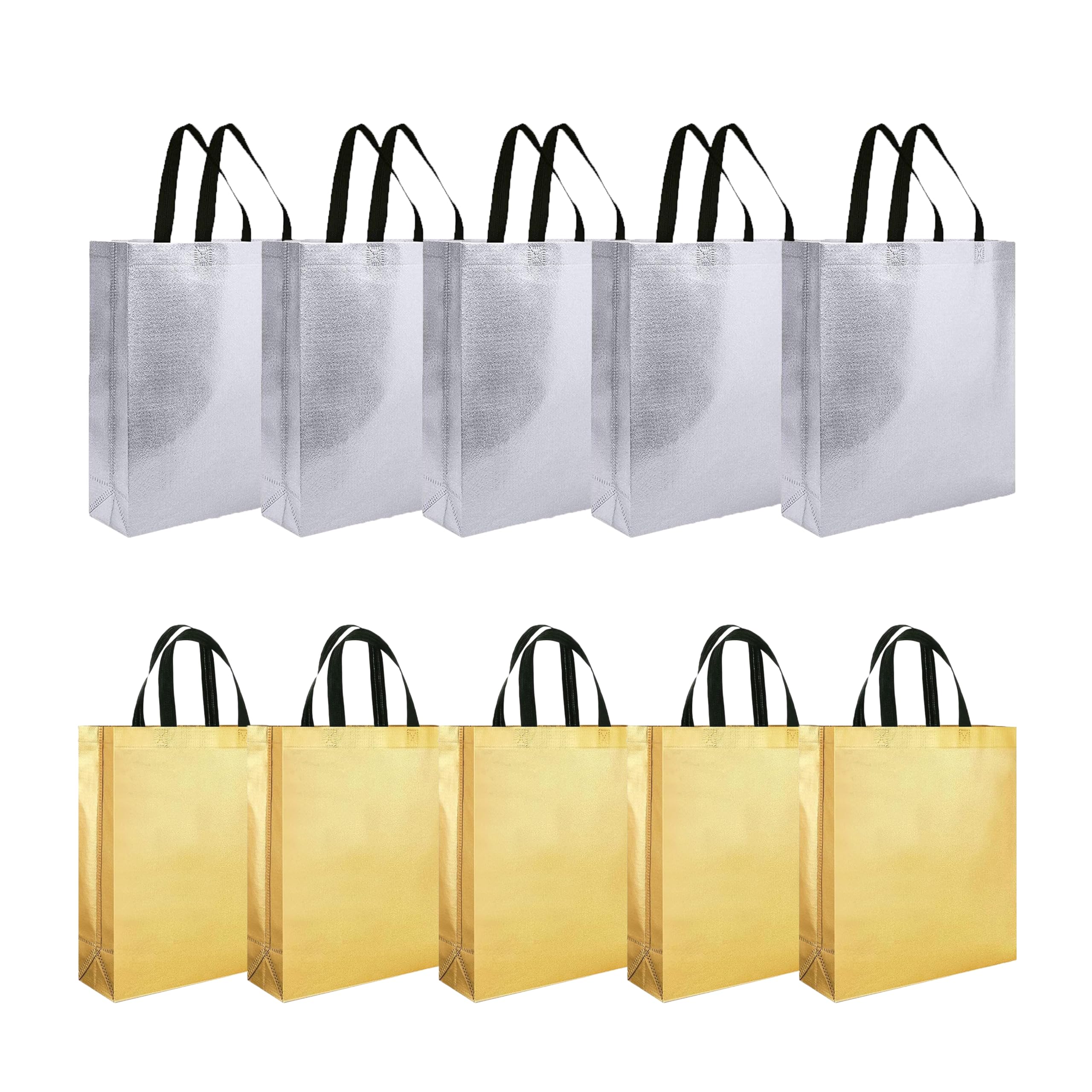 Evafly Gift Bag Medium Size Pack of 10 : L13 x W12 x D4 inch|Resuable Non-Woven Shiny Metallic Laminated|Return Gift For Haldi/Wedding Favours/Baby Shower/Birthday - Silver + Golden