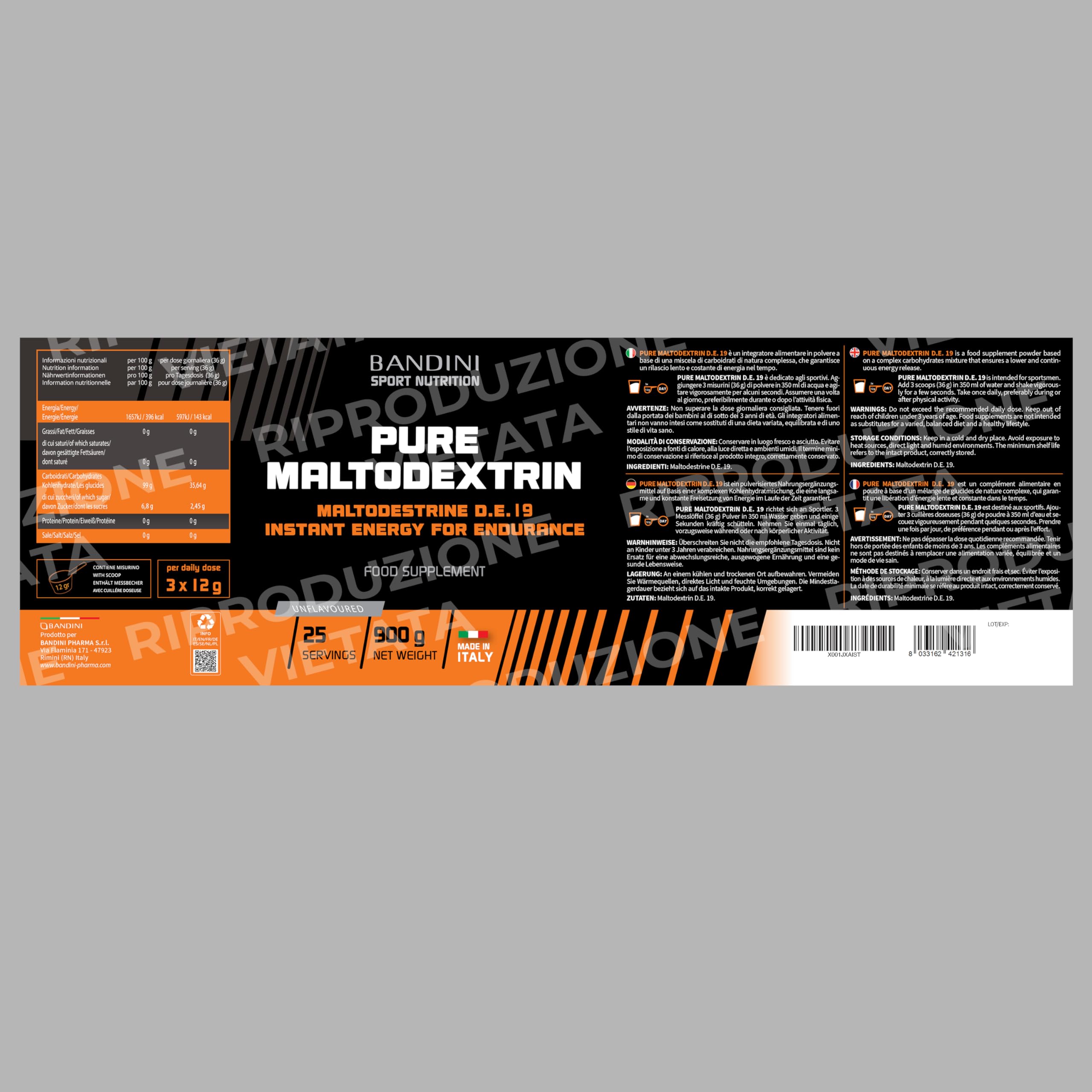 Bandini® Pure Maltodextrin - Maltodestrine in Polvere Vegane - Integratore a base di Carboidrati per Sportivi - Rilascio Lento e Costante di Energia - Recupero muscolare rapido - Confezione da 900g
