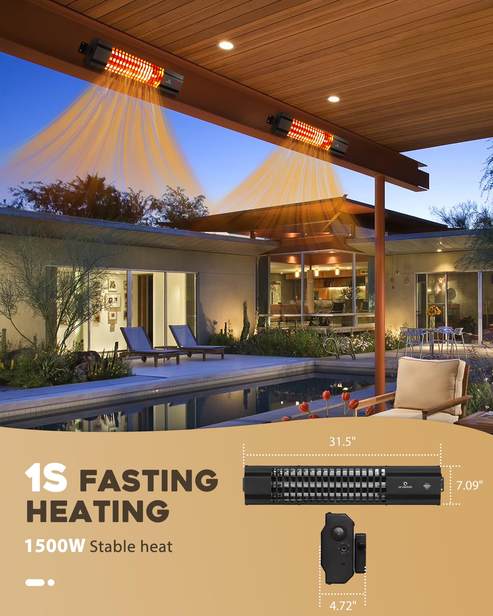 Airvention Outdoor Electric Patio Heater, 1500W Infrared Electric Heater with 1S Fasting Heat Garage heater for Outdoor Indoor, Wall Mounted heater, Remote Control