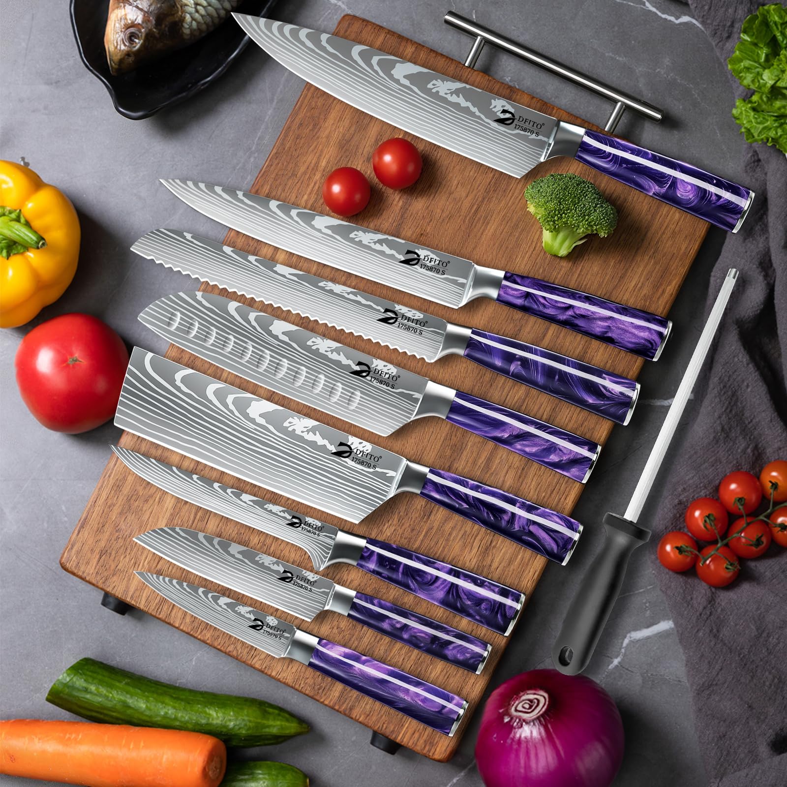 Dfito couteaux de cuisine set, 9 pièces couteaux de cuisine professionnel set avec sac à rouleaux, couteau cuisine professionnel set en acier inoxydable à haute teneur en carbone, poignée en résine