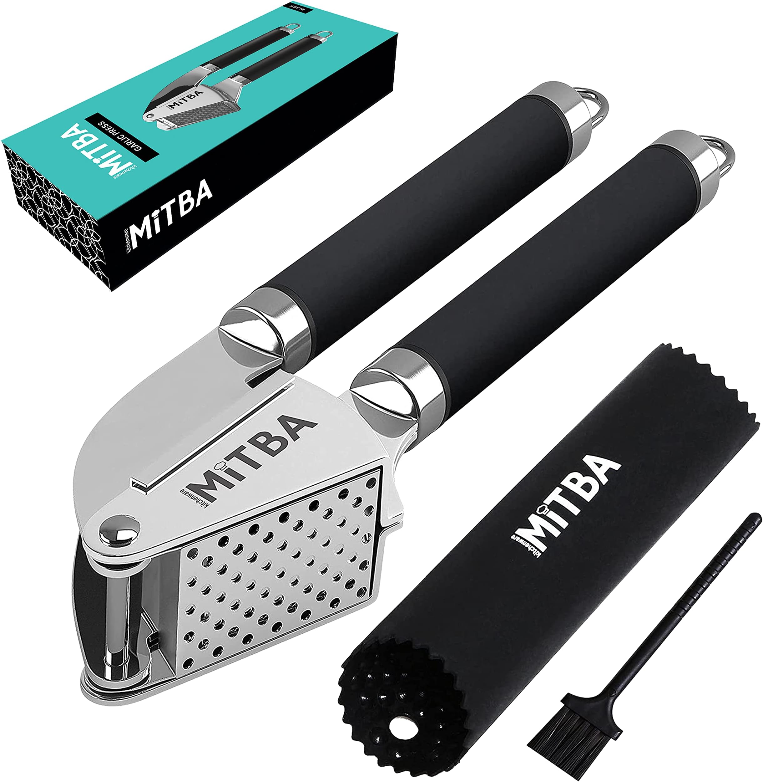 Garlic Press set- Professional Stainless Steel Mincer, User Friendly With Non-Slip Handles Easy To Clean, And Highly Durable. Crusher Silicone Tube Peeler & Cleaning Brush Included (Black)
