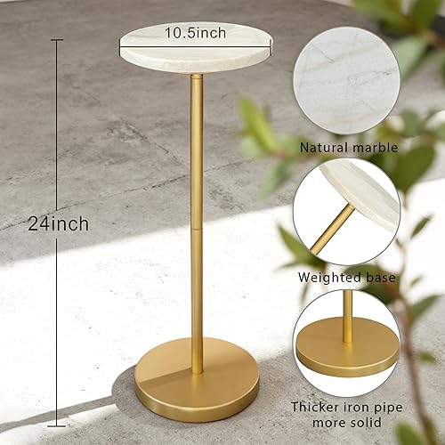 Miniatura 2 de Mesa de bebida de mármol natural, mesa de pedestal, mesa auxiliar redonda pequeña, mesa de Martini para sala de estar, baño, espacio pequeño (blanco)