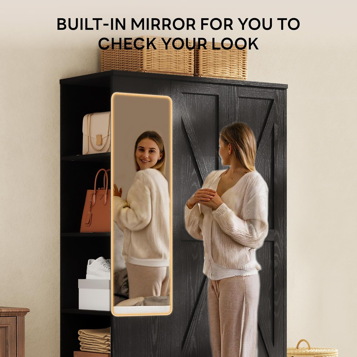 Person using the built-in mirror on the wardrobe
