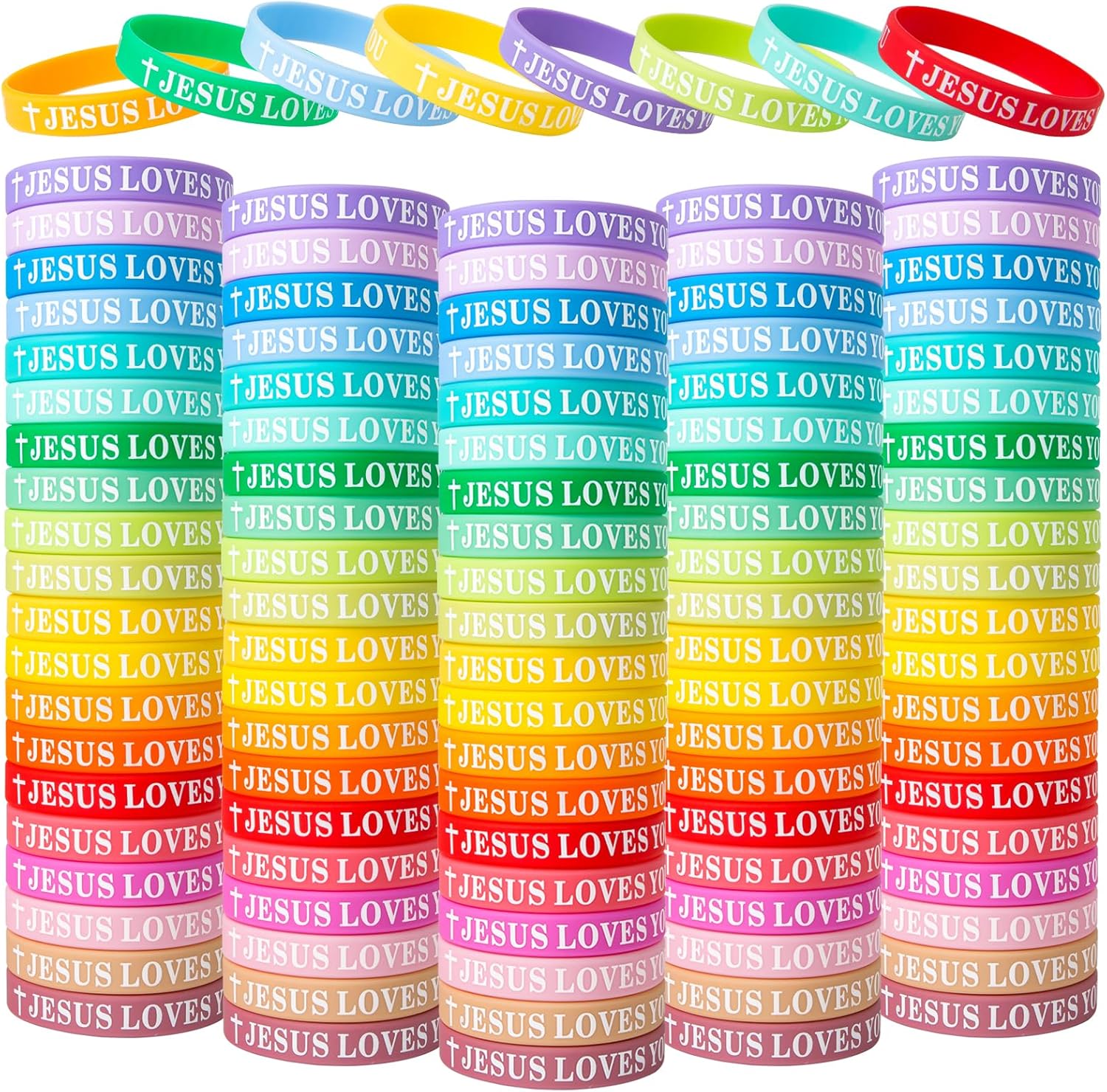 Jesus Loves You Silicone Bracelets Christian Wristbands Bulk Bible Verse Rubber Bracelets Religious Bands for Men Women Party Favors Gifts Prizes (Fresh Color)