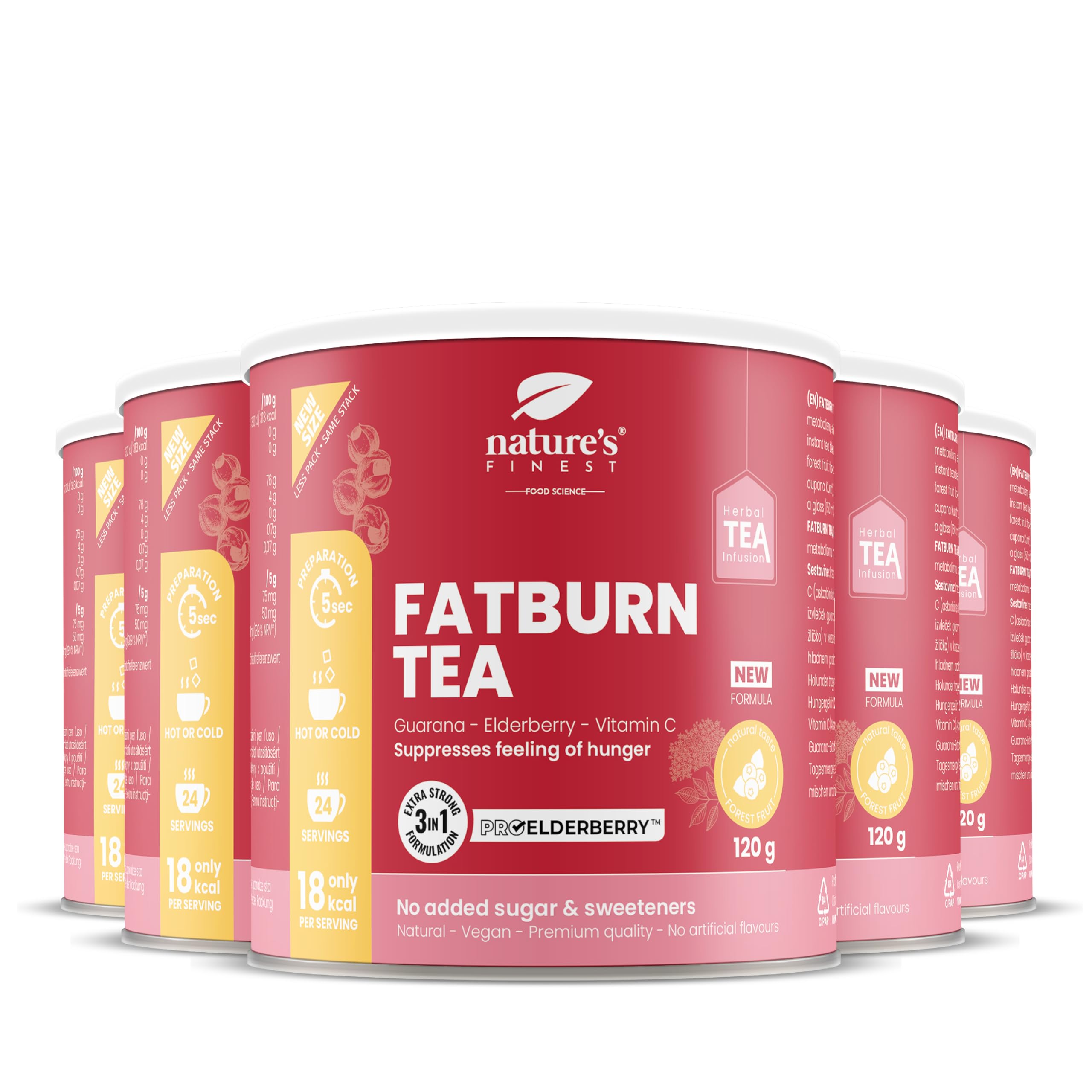 Nature's Finest Burn Tea, Té Instantáneo 600 g (Paquete de 5) | té instantáneo con té blanco, guaraná, saúco y vitamina C - sabor frutos del bosque - sin edulcorantes - se disuelve en agua