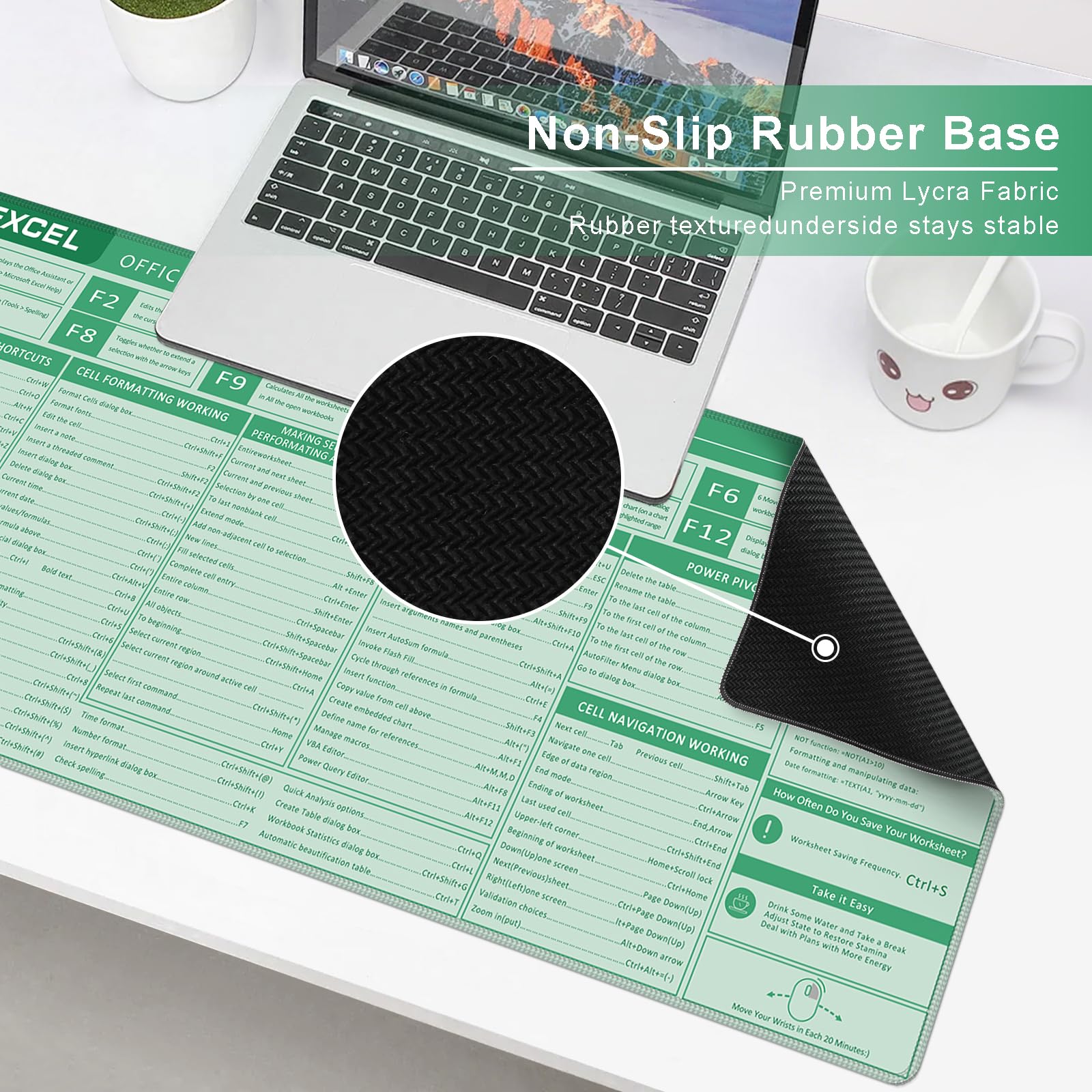 Baziabbo Schreibtischunterlage, Excel Spickzettel Tastaturmatte, Excel Shortcut Schreibtischunterlagen, rutschfestes Excel-Mauspad mit genähten Kanten für Computer (Blattgrün)